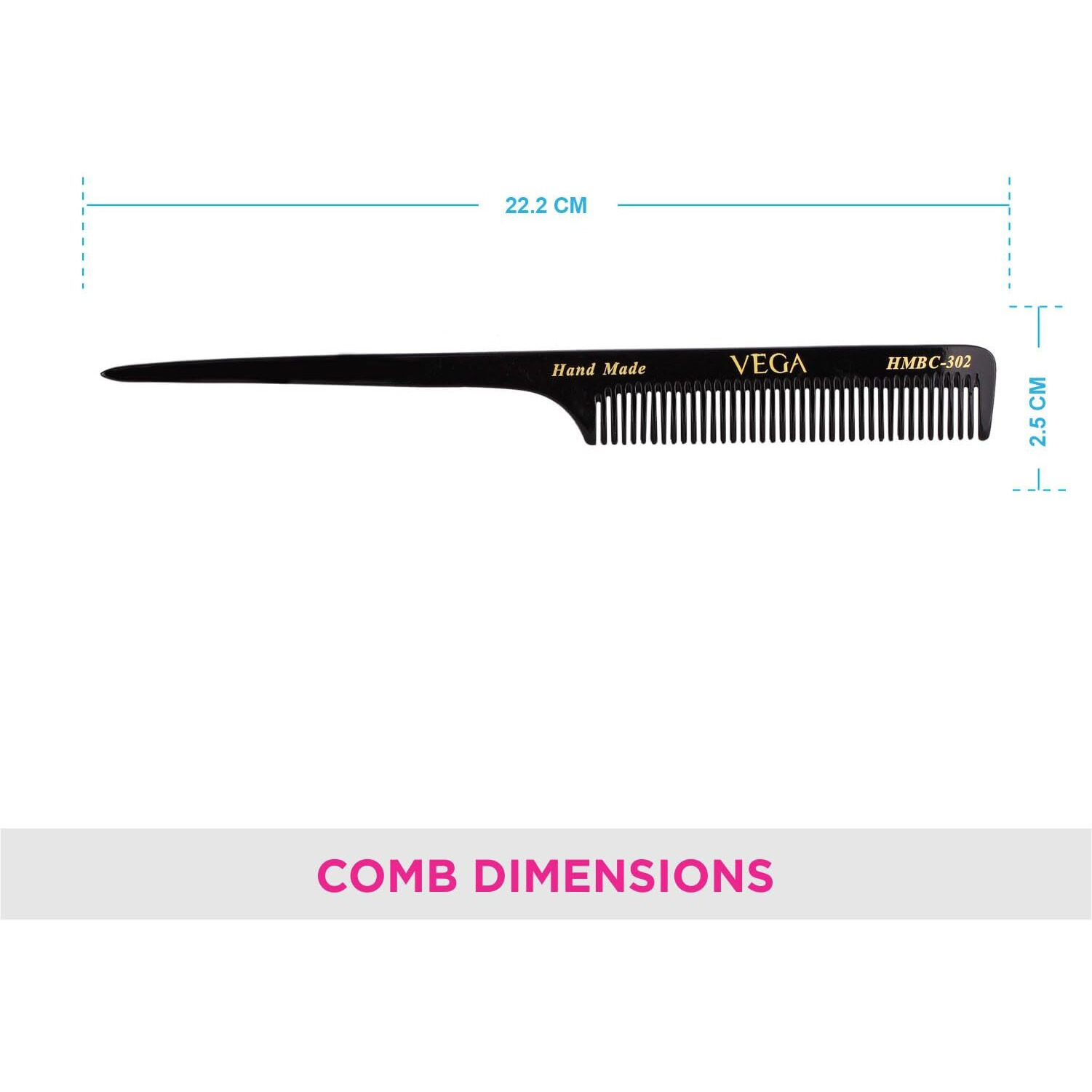 Vega Tail Hair Comb,Handmade, (India's No.1* Hair Comb Brand)For Women, Black, (Hmbc-302)