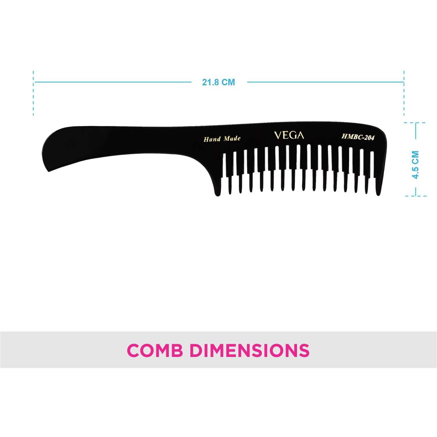 Vega Step Grooming Hair Comb,,Handmade (India's No.1* Hair Comb Brand) For Men And Women, Black, (Hmbc-204)