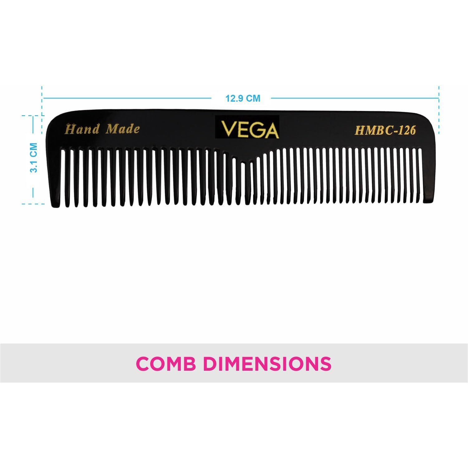 Vega Pocket Hair Comb,Handmade, (India's No.1* Hair Comb Brand) For Men And Women,Black, (Hmbc-126)