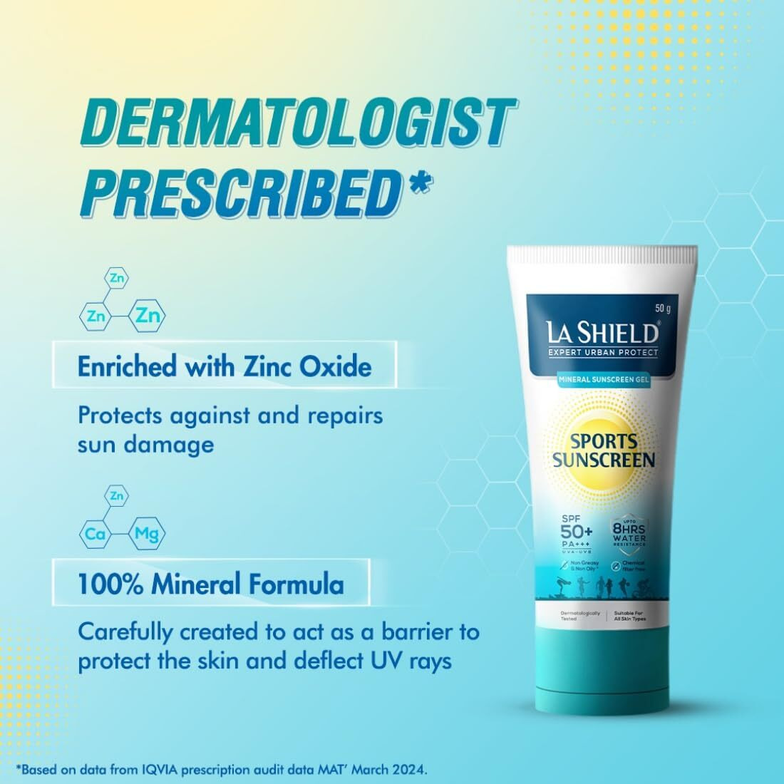 La Shield Mineral Sports Sunscreen Gel Spf 50 +|100% Mineral Sunscreen|8 Hours Water Resistant|For Women And Men|No White Cast|Broad Spectrum Pa+++|Fragrance-Free |Dermatologist Tested|50G,All