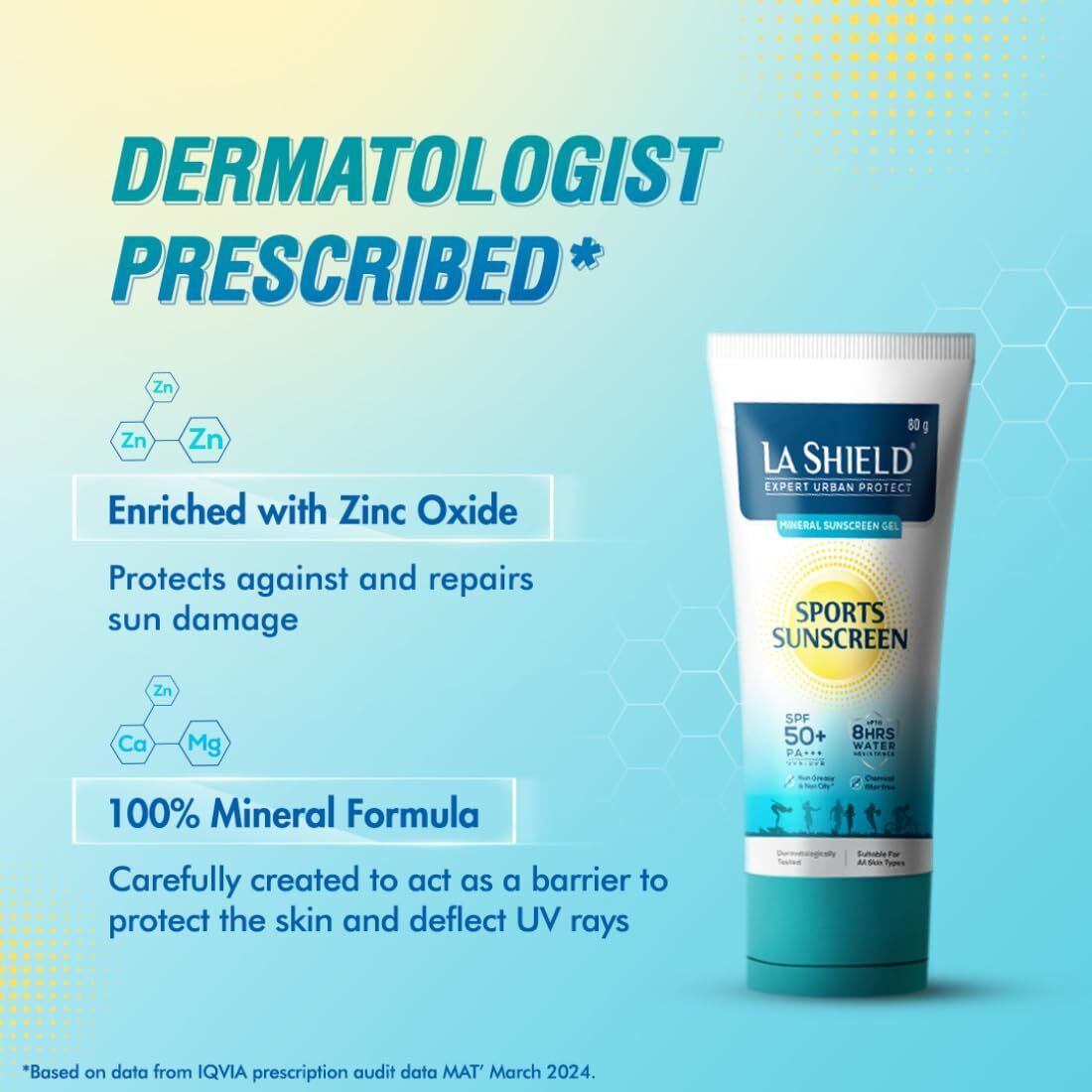 La Shield Mineral Sports Sunscreen Gel Spf 50 + | 100% Mineral Sunscreen | 8 Hours Water Resistant | For Women And Men | No White Cast | Broad Spectrum Pa+++ | Lightweight And Non Greasy | Fragrance-Free |Dermatologist Tested | 80G