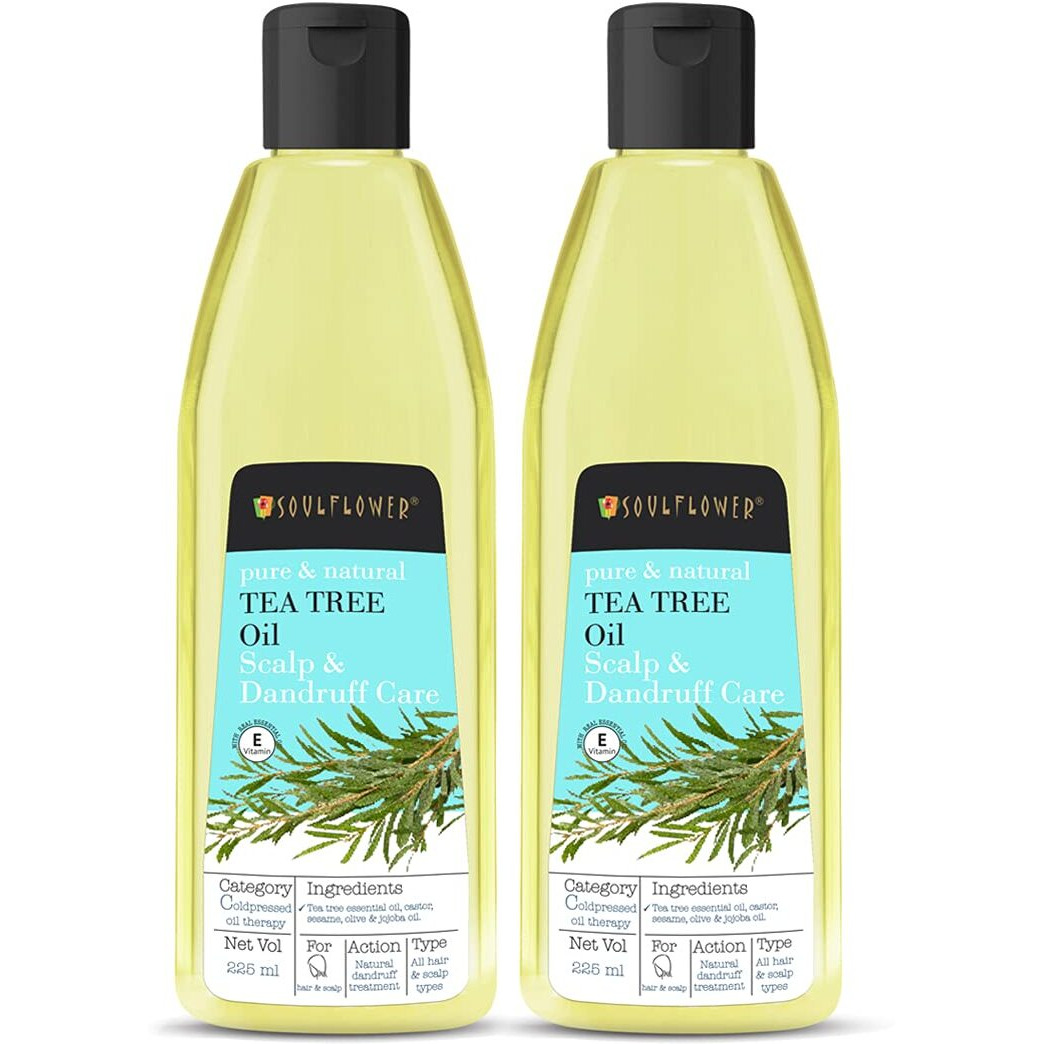 Soulflower Tea Tree Oil, 225Ml Each | Hair Growth, Scalp Nourishment, Anti Dandruff | 100% Pure, Natural, Undiluted, Organic Premium & Cold Pressed Carrier Oil - Pack Of 2