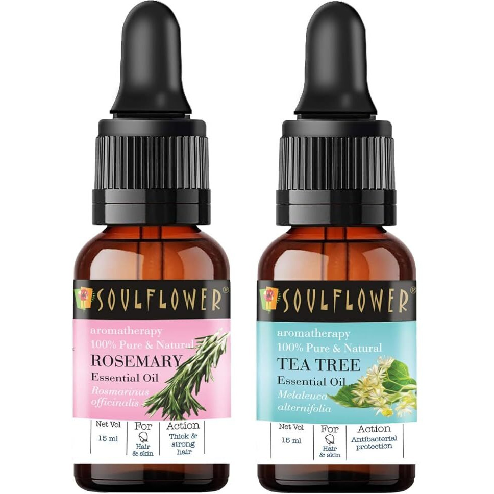 Soulflower Rosemary & Tea Tree Essential Oil Regimefor Hair Growth, Hair Fall Control And Nourishment, Skin Care| 100% Pure, Naural, Organic Certified & Undiluted | Pack Of 2 15Ml Each