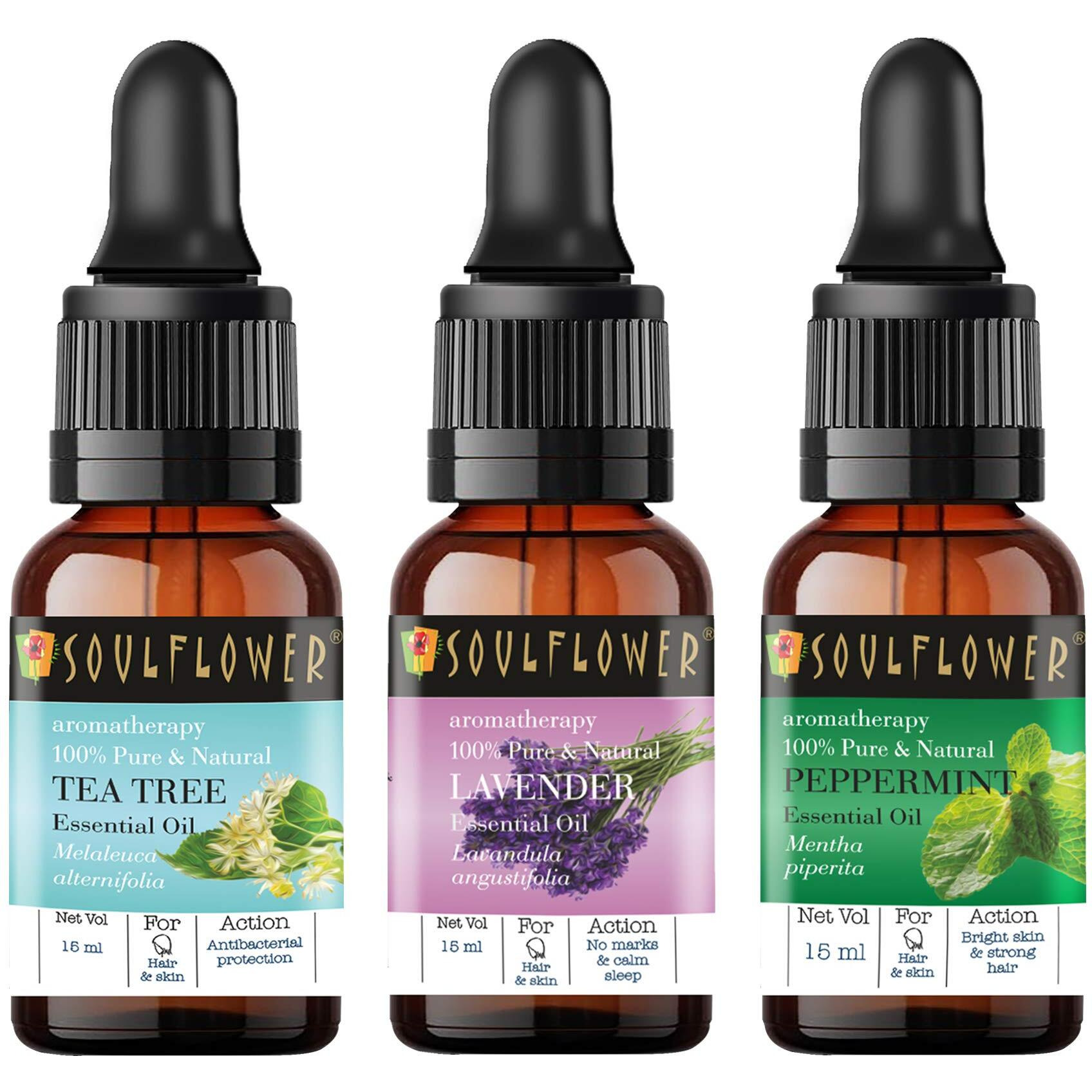 Soulflower Tea Tree, Lavender & Peppermint Essential Oil For Hair Growth, Hair Fall Control And Nourishment, Skin Care| 100% Pure, Naural, Organic Certified & Undiluted | Pack Of 3 15Ml Each