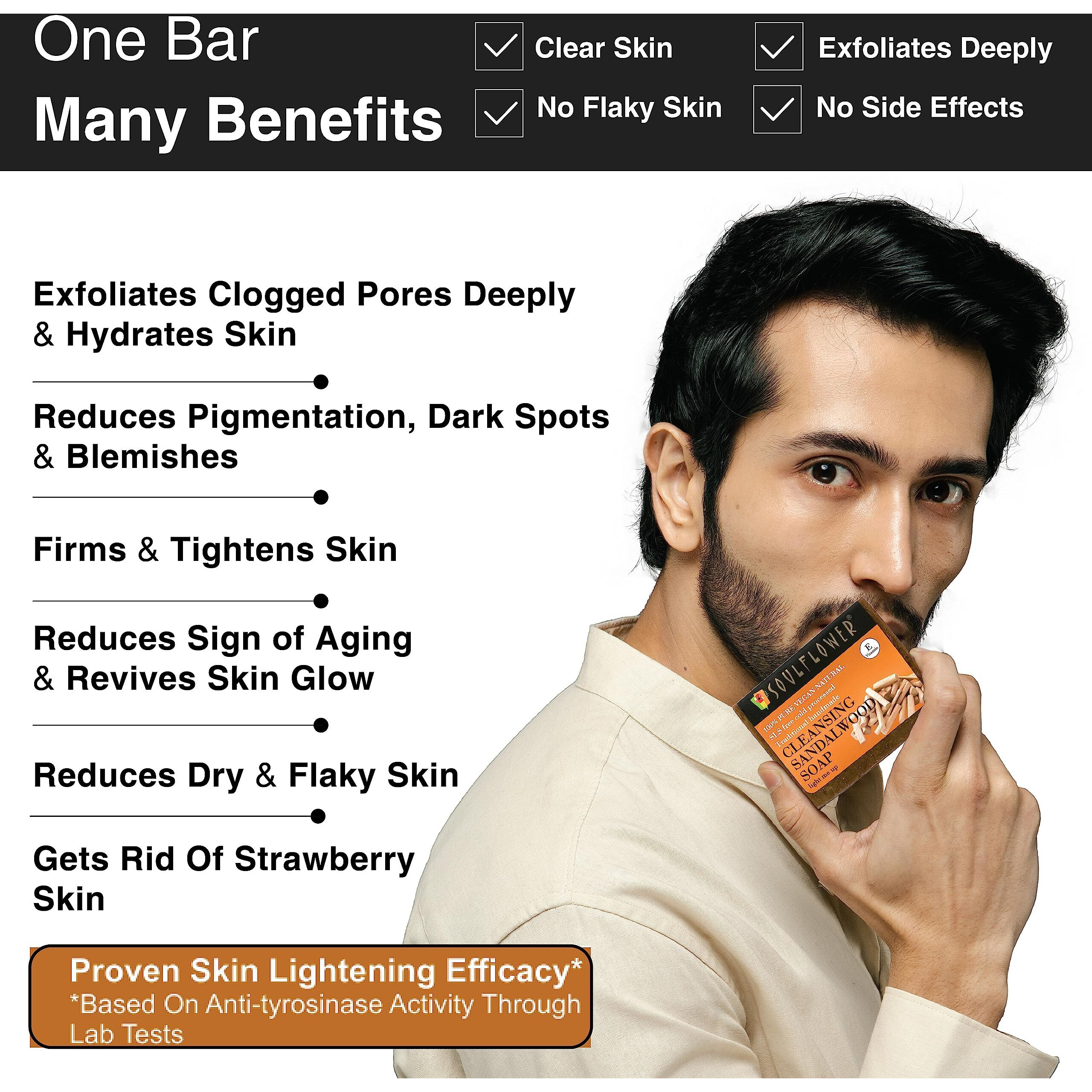 Soulflower Cleansing Sandalwood Soap For Bath |Handmade Luxury Bar For Women Or Men, All Skin Types, Smooth Glowing Skin, Dark Spots & Acne, Turmeric, Ashwagandha, Vitamin E, Pack Of 2 150G Each