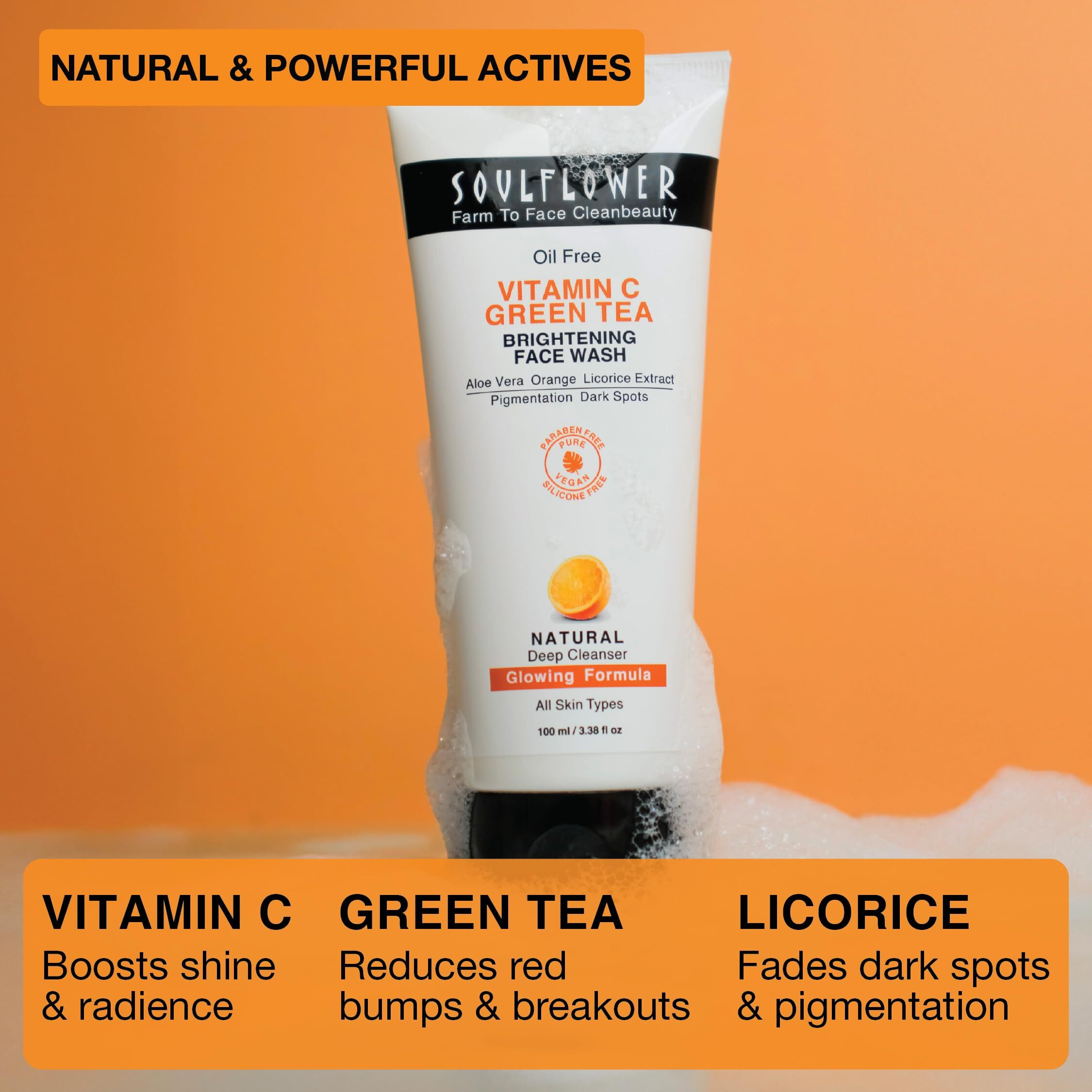 Soulflower Vitamin C Face Wash For Glowing Skin, Deep Cleansing, Face Cleanser With Green Tea, Aloe Vera, Orange & Licorice Extract| Men & Women| 100Ml