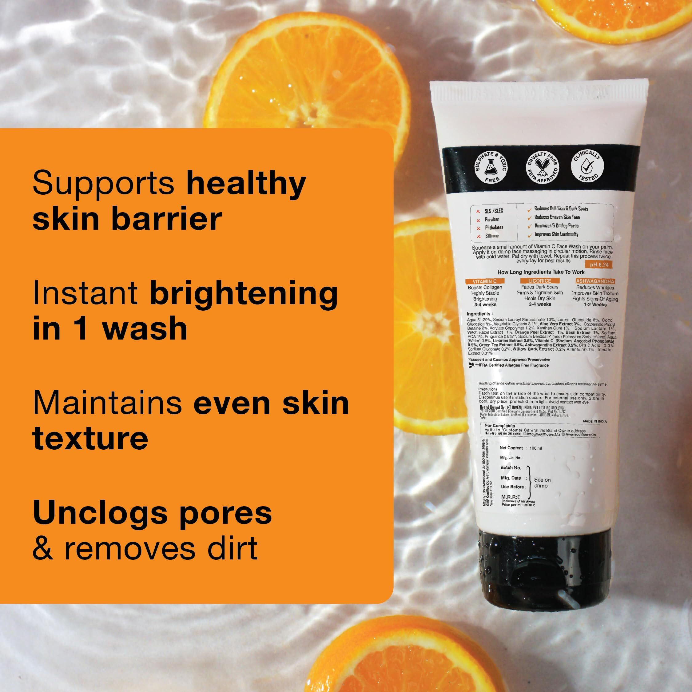 Soulflower Vitamin C Face Wash For Glowing Skin, Deep Cleansing, Face Cleanser With Green Tea, Aloe Vera, Orange & Licorice Extract| Men & Women| 100Ml