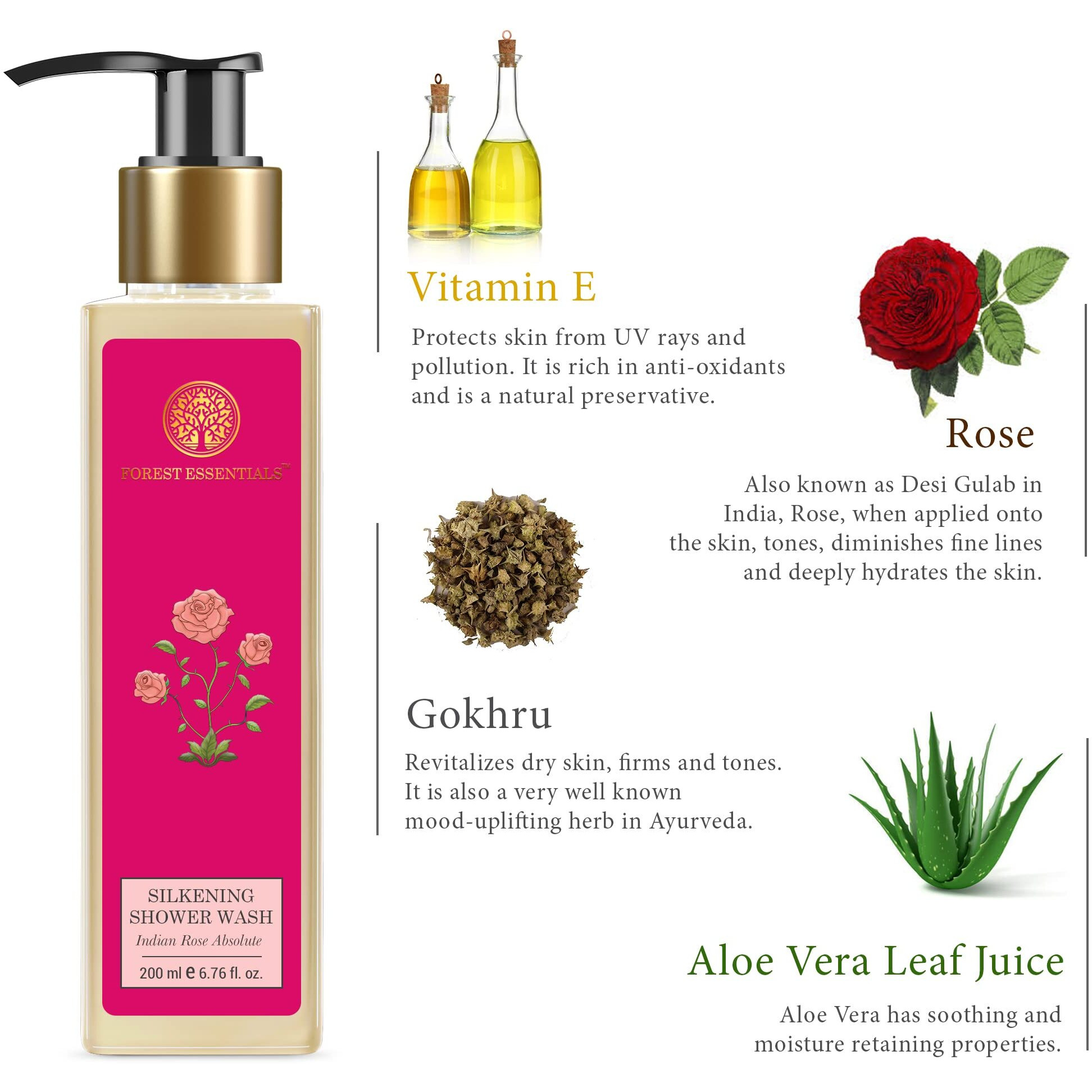 Forest Essentials Silkening Shower Wash Indian Rose Absolute | Natural Body Wash For Soft & Smooth Skin | Paraben & Sulphate Free Ayurvedic Body Wash | For Women & Men | 200 Ml