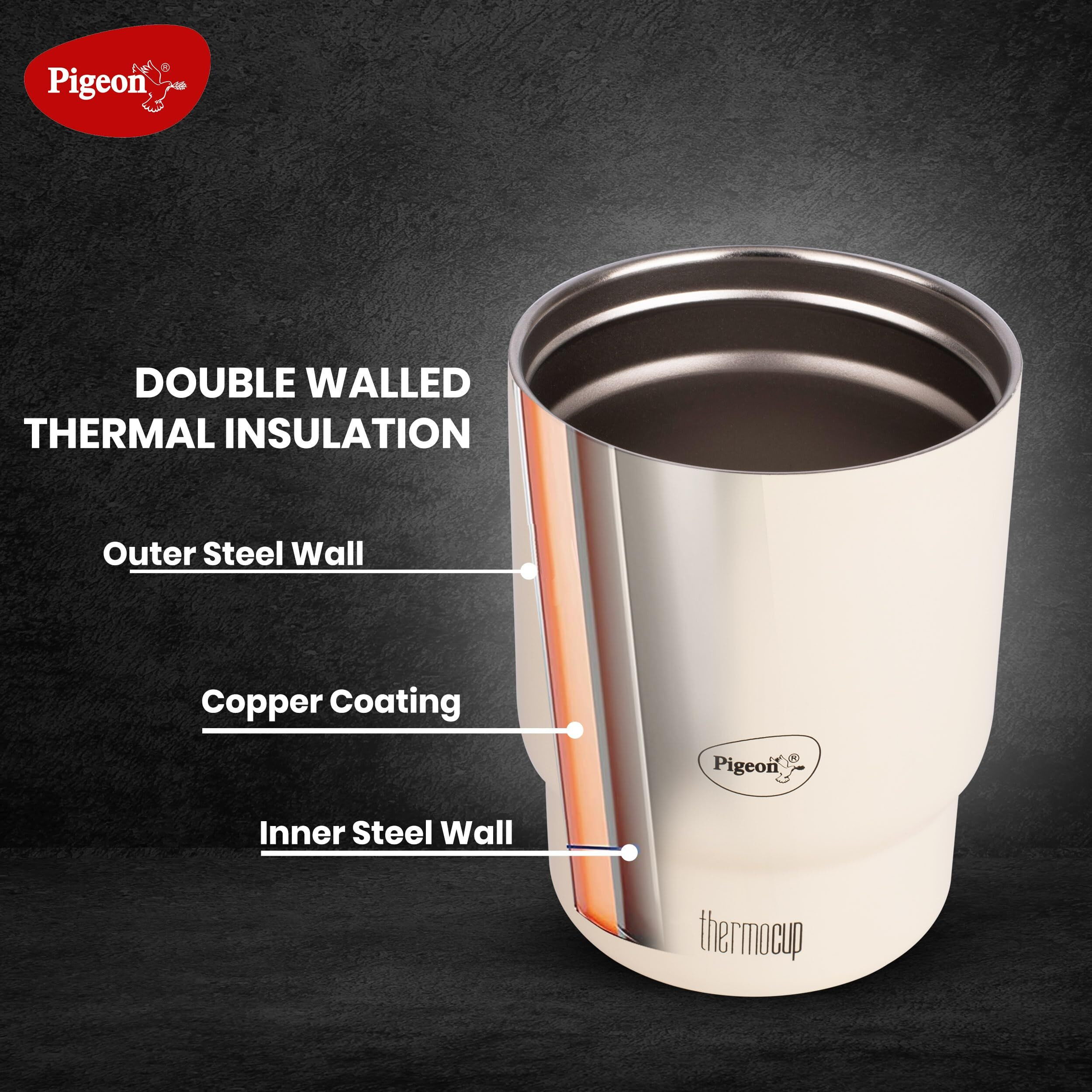 Pigeon Thermocup 350 Ml Stainless Steel Vacuum Insulated Coffee Cup/Tumbler For Hot And Cold Drinks, Bpa-Free, Leak-Proof, Coffee Mug With Double Lid  Ideal For Car,Home, Office, Travelling |White