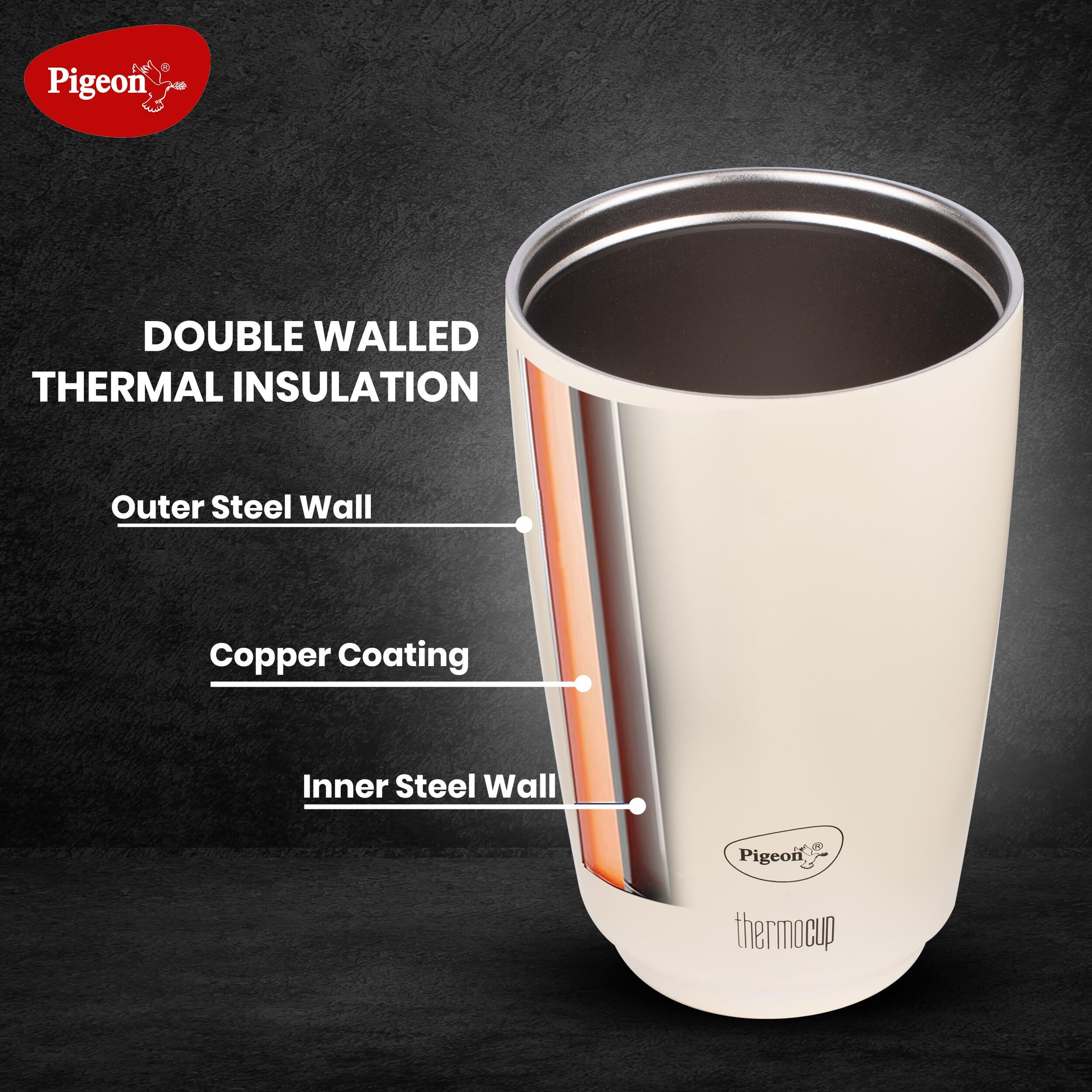 Pigeon Thermocup 400 Ml Stainless Steel Vacuum Insulated Coffee Cup/Tumbler For Hot And Cold Drinks, Bpa-Free, Leak-Proof, Coffee Mug With Double Lid  Ideal For Car, Home, Office, Travelling|White