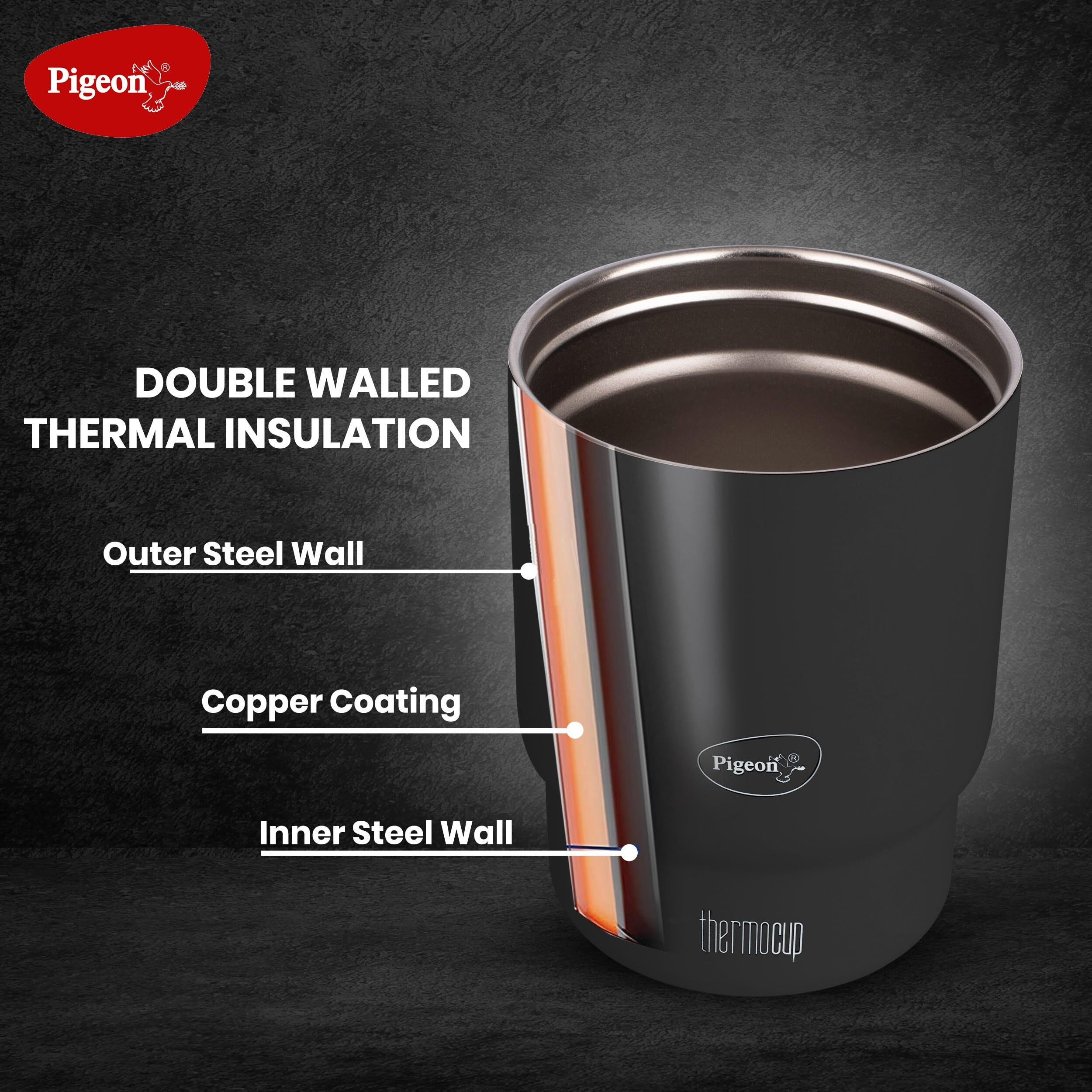 Pigeon Thermocup 350 Ml Stainless Steel Vacuum Insulated Coffee Cup/Tumbler For Hot And Cold Drinks, Bpa-Free, Leak-Proof, Coffee Mug With Double Lid  Ideal For Car, Home, Office, Travelling|Black