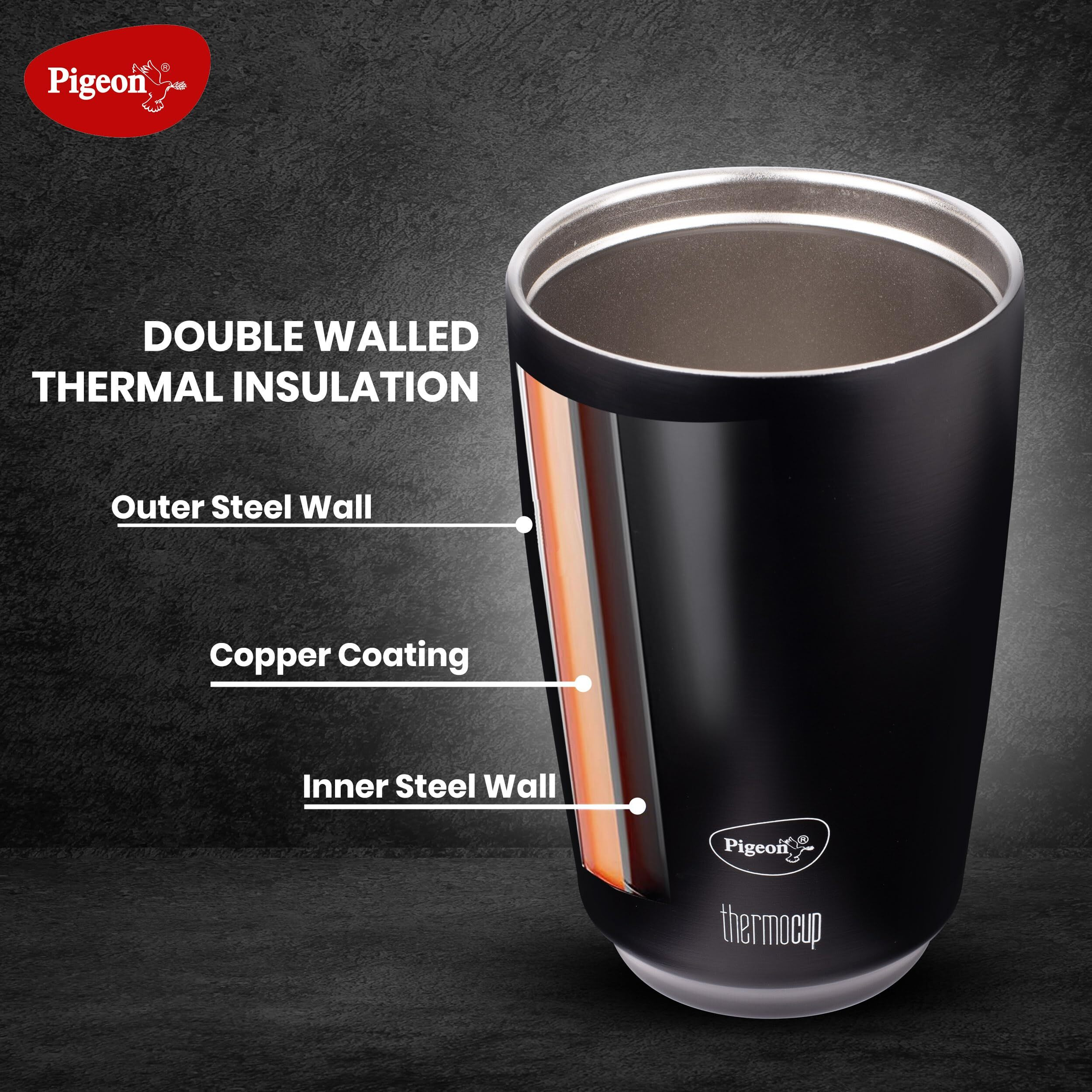 Pigeon Thermocup 400 Ml Stainless Steel Vacuum Insulated Coffee Cup/Tumbler For Hot And Cold Drinks, Bpa-Free, Leak-Proof, Coffee Mug With Double Lid  Ideal For Car, Home, Office, Travelling|Black