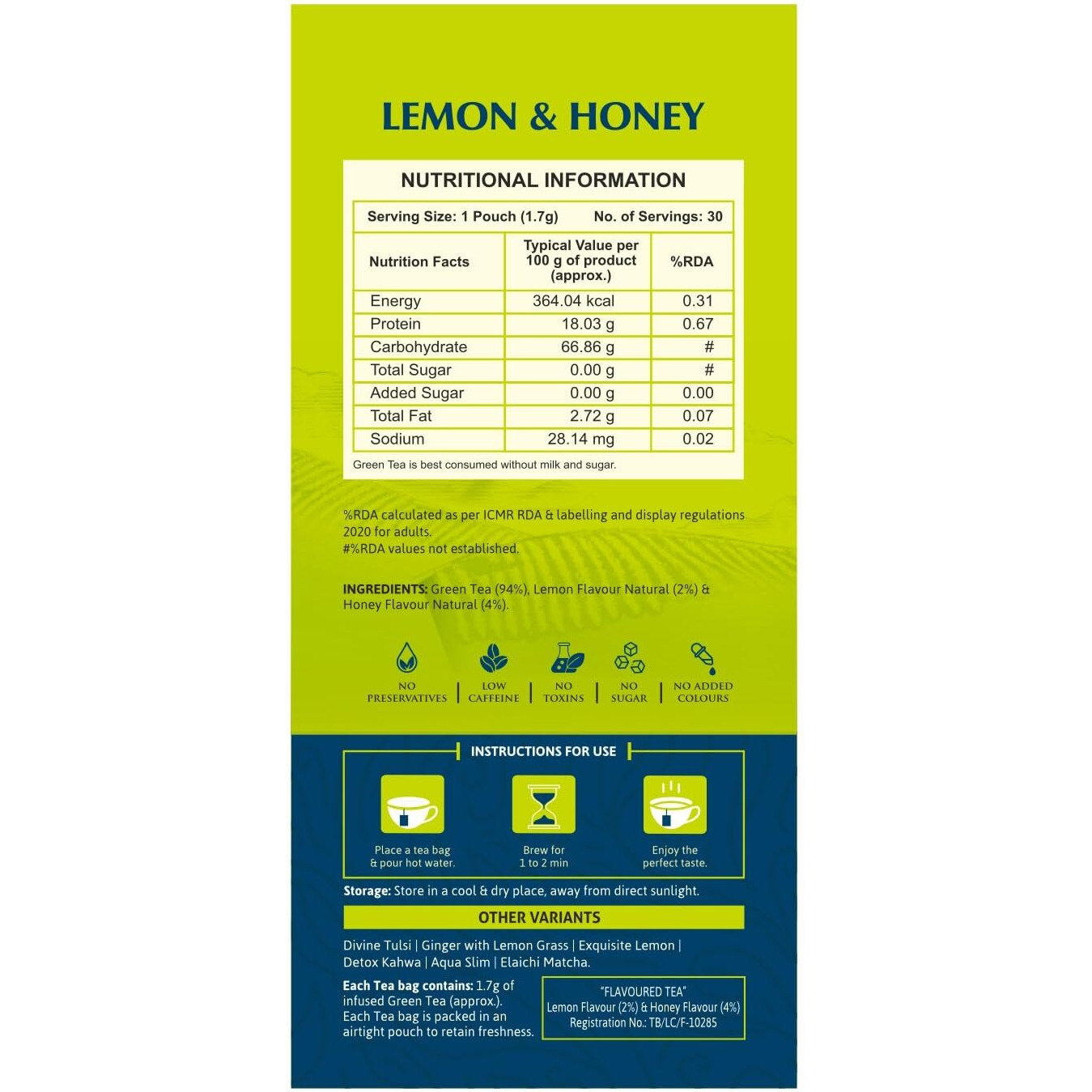 Leeford Lemon & Honey Green Tea, Pack Of 2 (30 Teabags Each) | Boosts Immunity & Metabolism | Zero Calories | Natural Source Of Anti-Oxidants