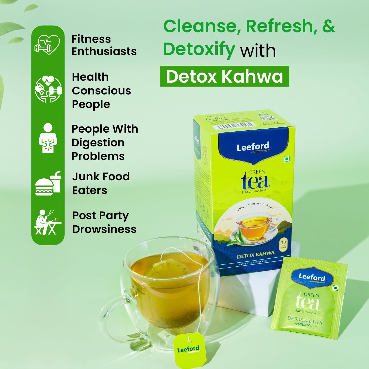 Leeford Detoxifying Kahwa Green Tea (Pack Of 2) 30 Teabags Each | Spiced Detoxifying Kahwa Green Tea | Natural Body Cleanse & Immunity Booster With Pink Salt, Tulsi, Cardamom, Cinnamon