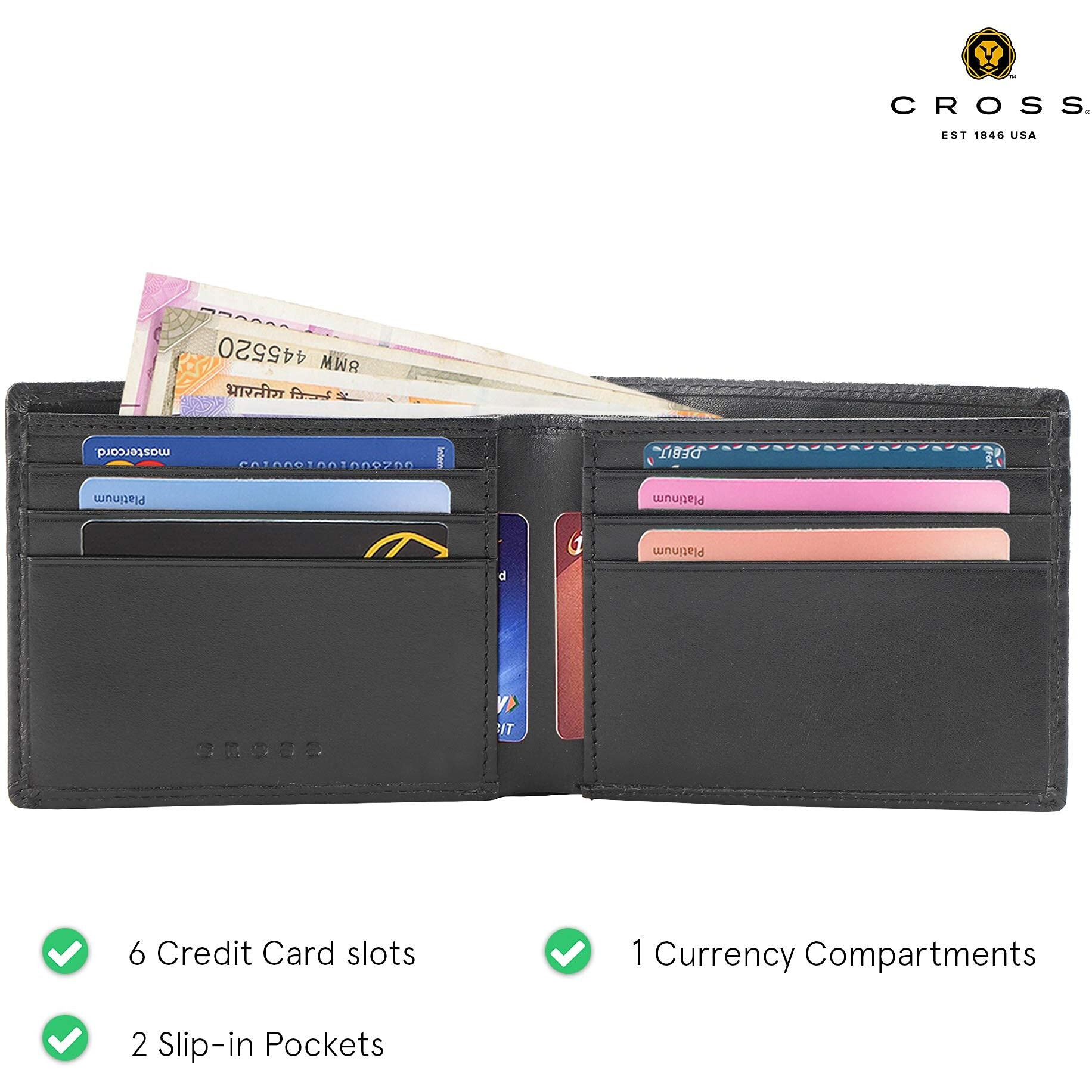 Cross Classic Century Branded Compact Wallets For Men Leather With Easy Compartment For Card - Black