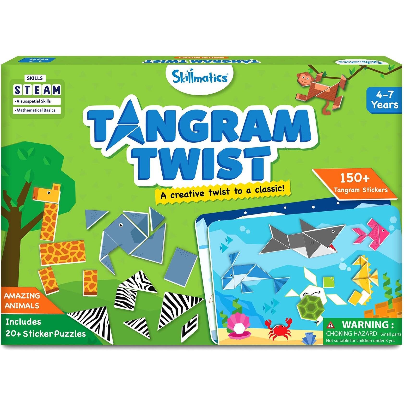 Skillmatics Tangram Puzzles - Animals, Stem Games, Educational Learning Activity & Toy, 150+ Foam Tangram Stickers, Brain Teasers, Arts & Crafts For Boys & Girls, Gifts For Ages 4, 5, 6, 7