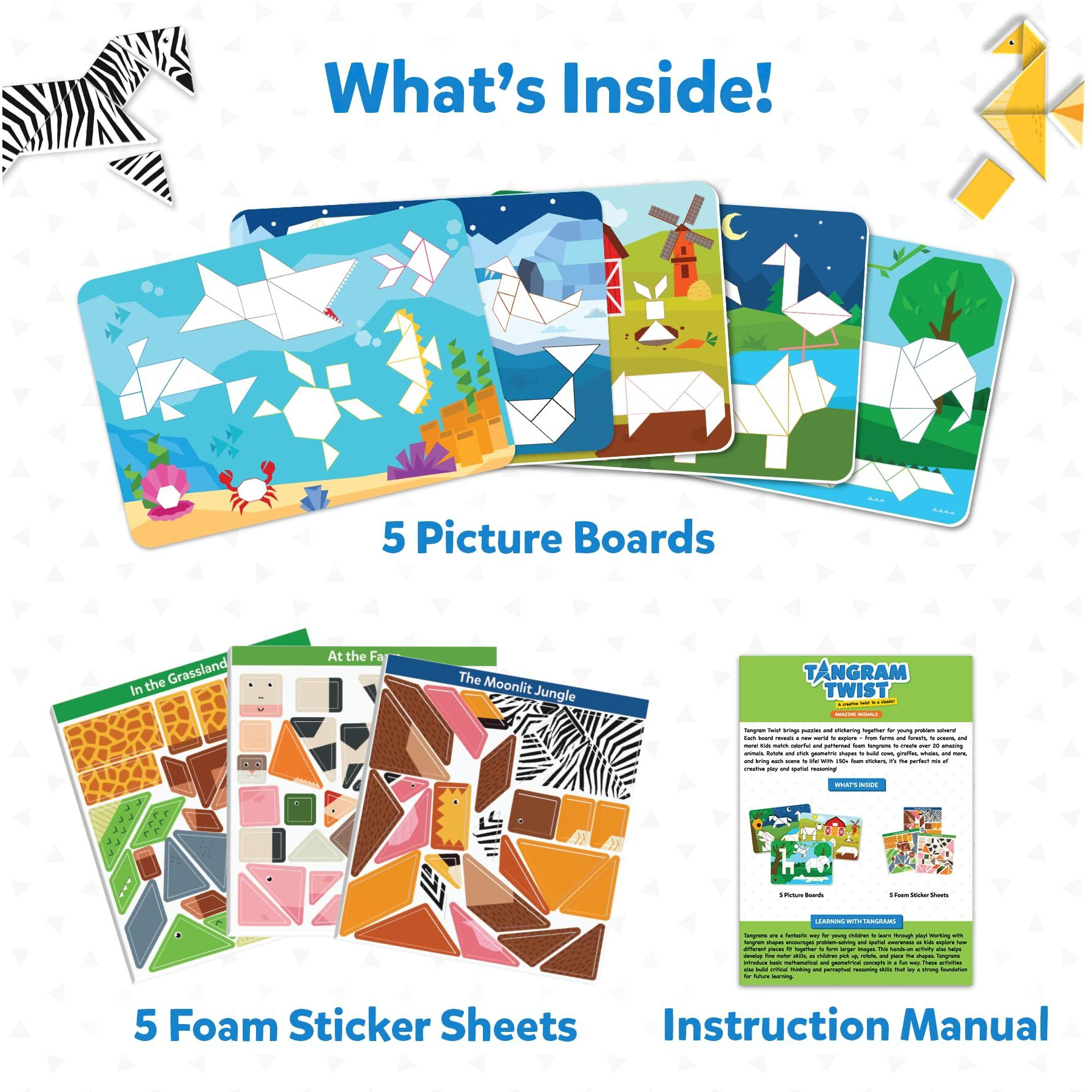 Skillmatics Tangram Puzzles - Animals, Stem Games, Educational Learning Activity & Toy, 150+ Foam Tangram Stickers, Brain Teasers, Arts & Crafts For Boys & Girls, Gifts For Ages 4, 5, 6, 7