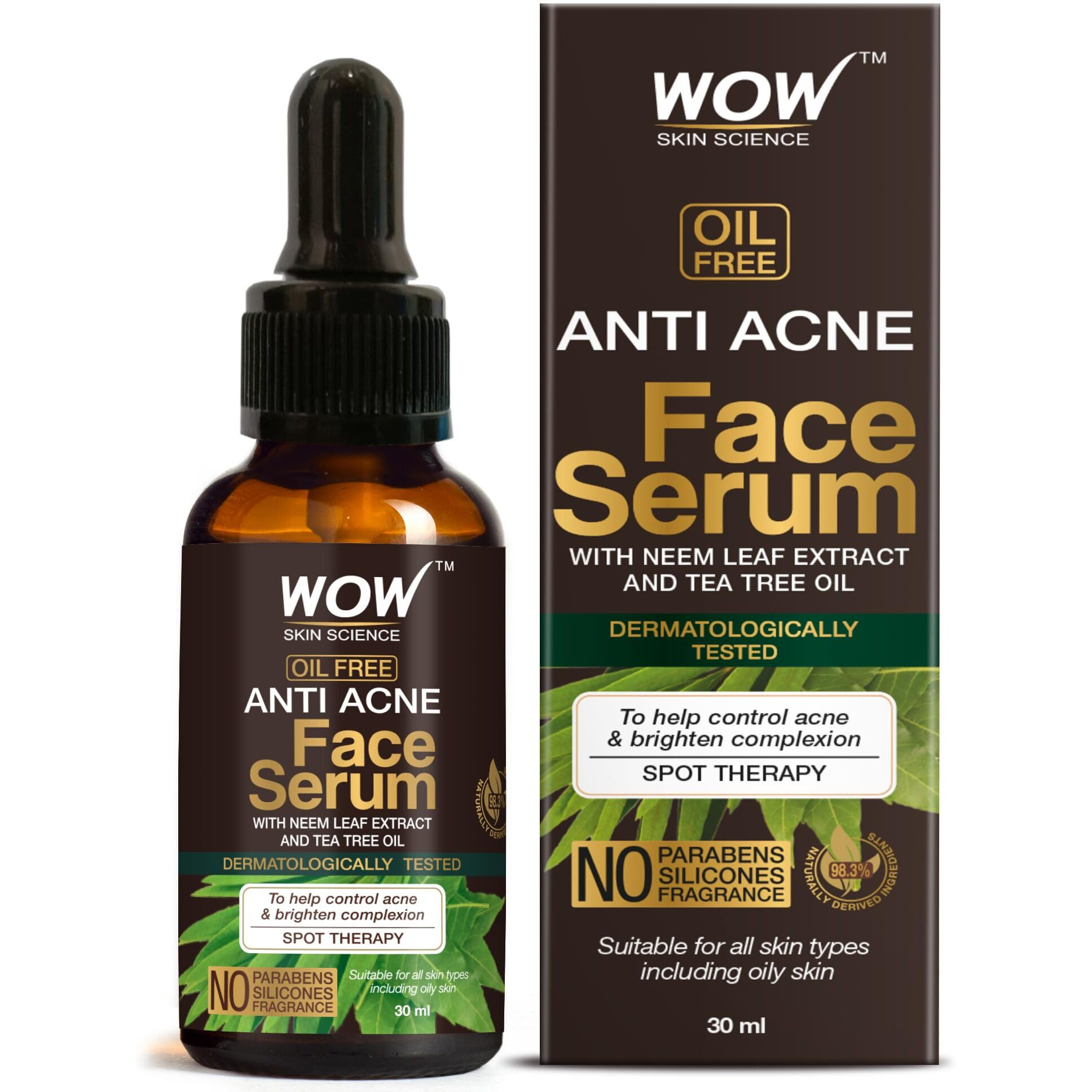 Wow Skin Science Anti Acne Face Serum | Natural Neem Leaf & Tea Tree Oil | Reduce Spots, Skin Repair, Pimple Free, Bright Skin | No Parabens | Face Serum For Women & Men | 30 Ml