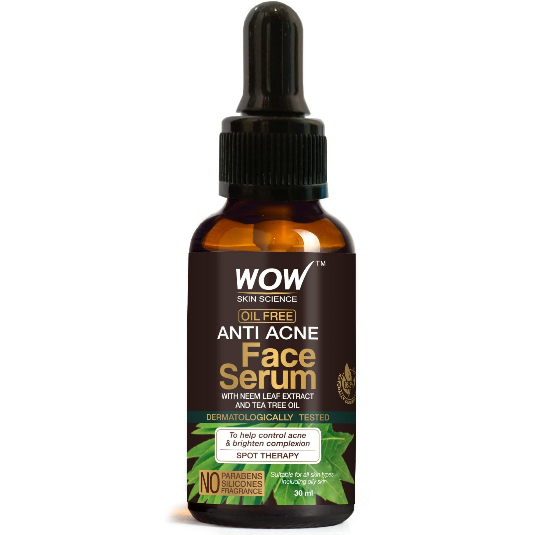 Wow Skin Science Anti Acne Face Serum | Natural Neem Leaf & Tea Tree Oil | Reduce Spots, Skin Repair, Pimple Free, Bright Skin | No Parabens | Face Serum For Women & Men | 30 Ml