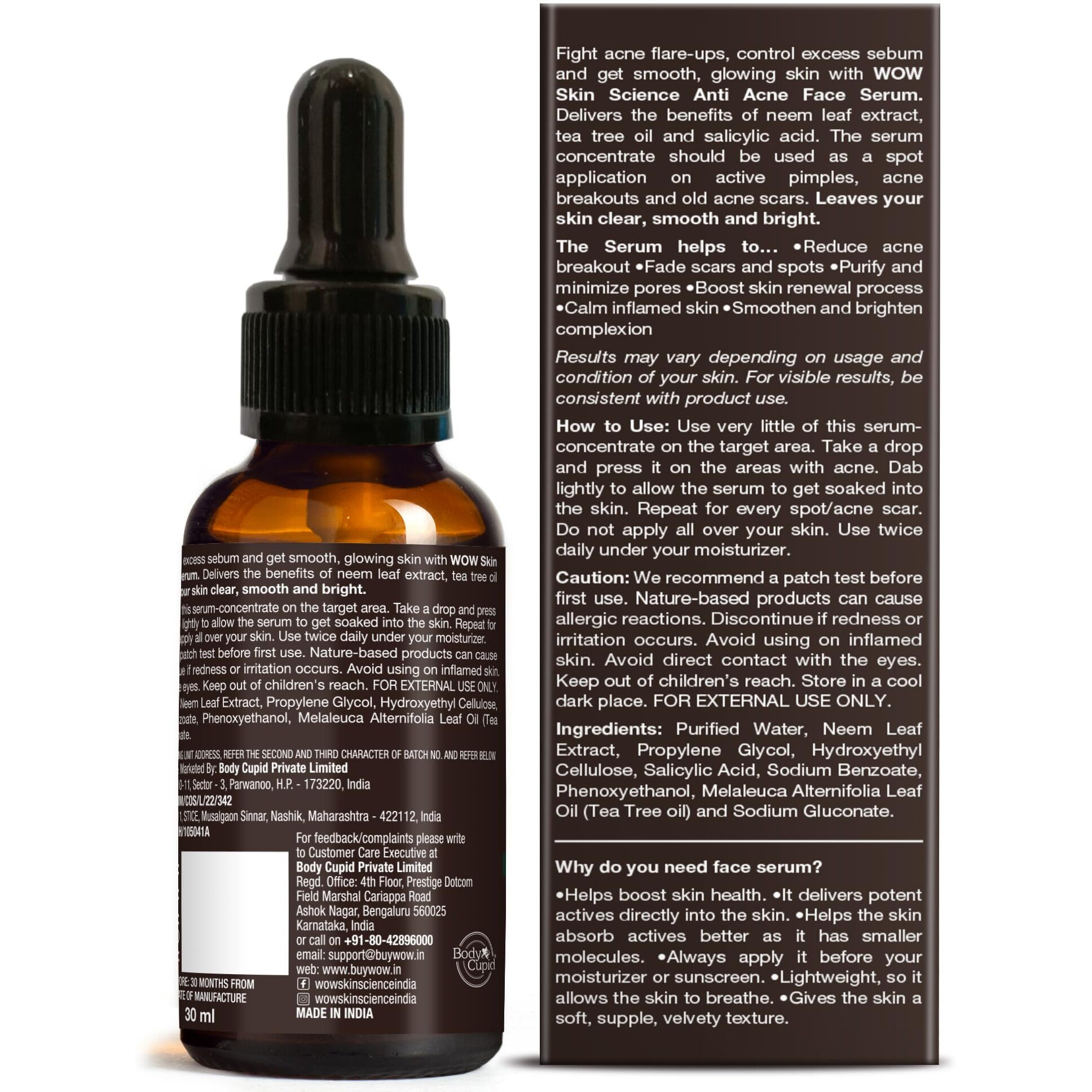 Wow Skin Science Anti Acne Face Serum | Natural Neem Leaf & Tea Tree Oil | Reduce Spots, Skin Repair, Pimple Free, Bright Skin | No Parabens | Face Serum For Women & Men | 30 Ml