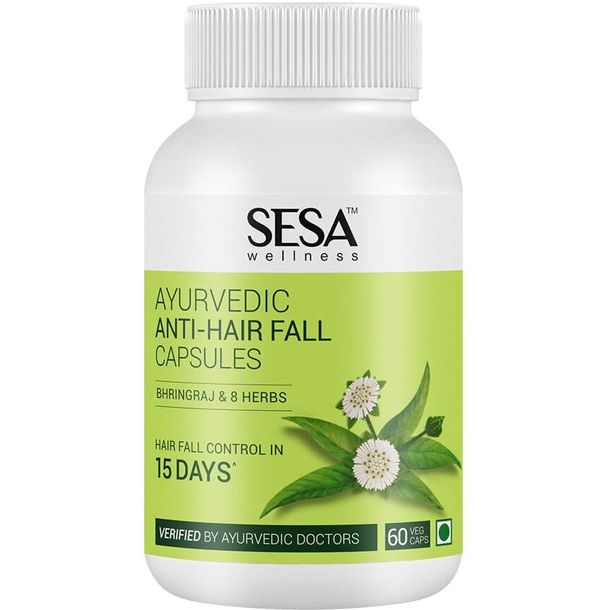 Sesa Ayurvedic Anti-Hair Fall Capsules - Hair Fall Control In 15 Days - Bhringraj & 8 Herbs - 100% Veg, 60 Caps