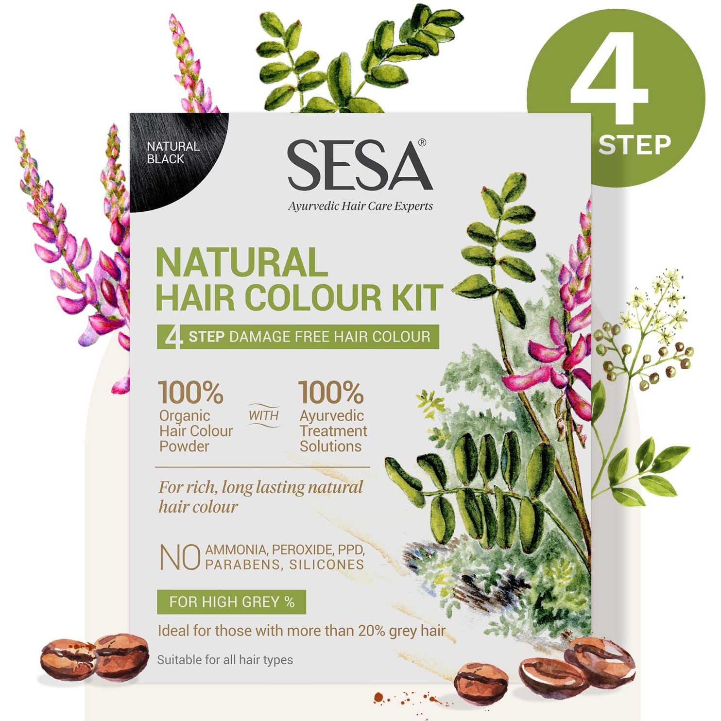 Sesa 4 Step Natural Hair Colour Kit - For High Grey% - 100% Organic & Ayurvedic - No Ammonia, Ppd, Peroxide, 200Gm + 40Ml