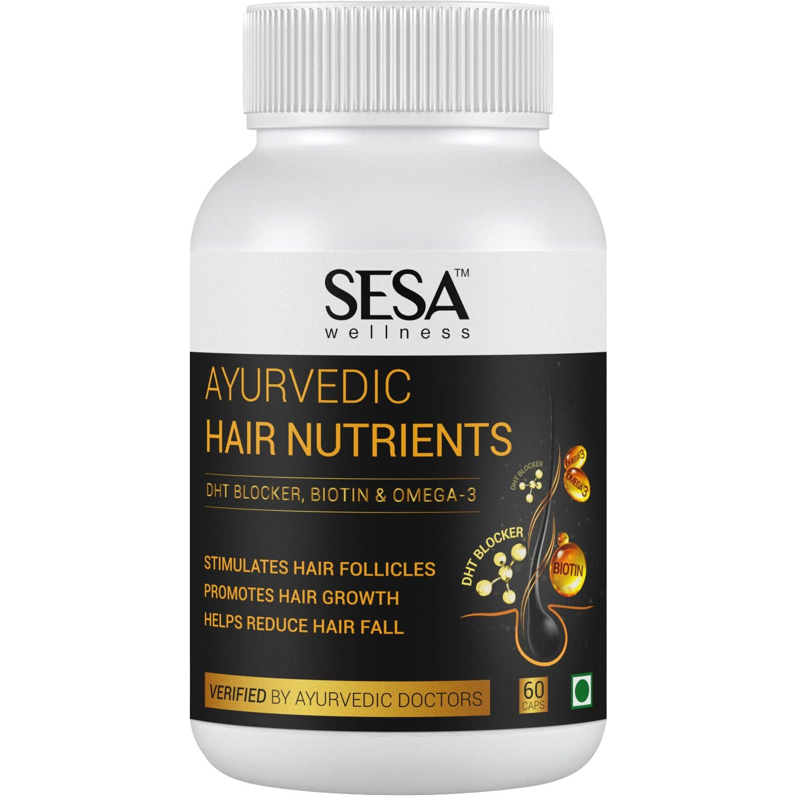 Sesa Ayurvedic Hair Vitamins Biotin Tablets Dht Blocker 60 Capsules - Plant Based Gluten Free Nutrients With Omega-3 & Flaxseeds | Controls Hair Fall & Stimulates Follicles | 100% Veg