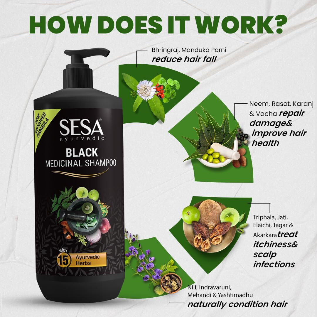 Sesa Ayurvedic Medicinal Shampoo 1 Lt Hairfall Control Anti Dandruff Shampoo Infused With 15 Ayurvedic Herbs Smooth & Shiny Hair For Men & Women, 1000 Ml