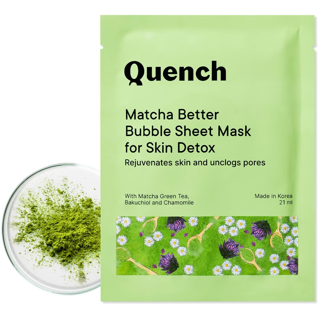 Quench Botanics Korean Bubble Sheet Mask With Matcha Green Tea Anti-Oxidants | Self-Foaming Korean Mask For Glowing Skin | Deep Cleanses & Purifies Skin | Made In Korea (Pack Of 1, 21Ml)