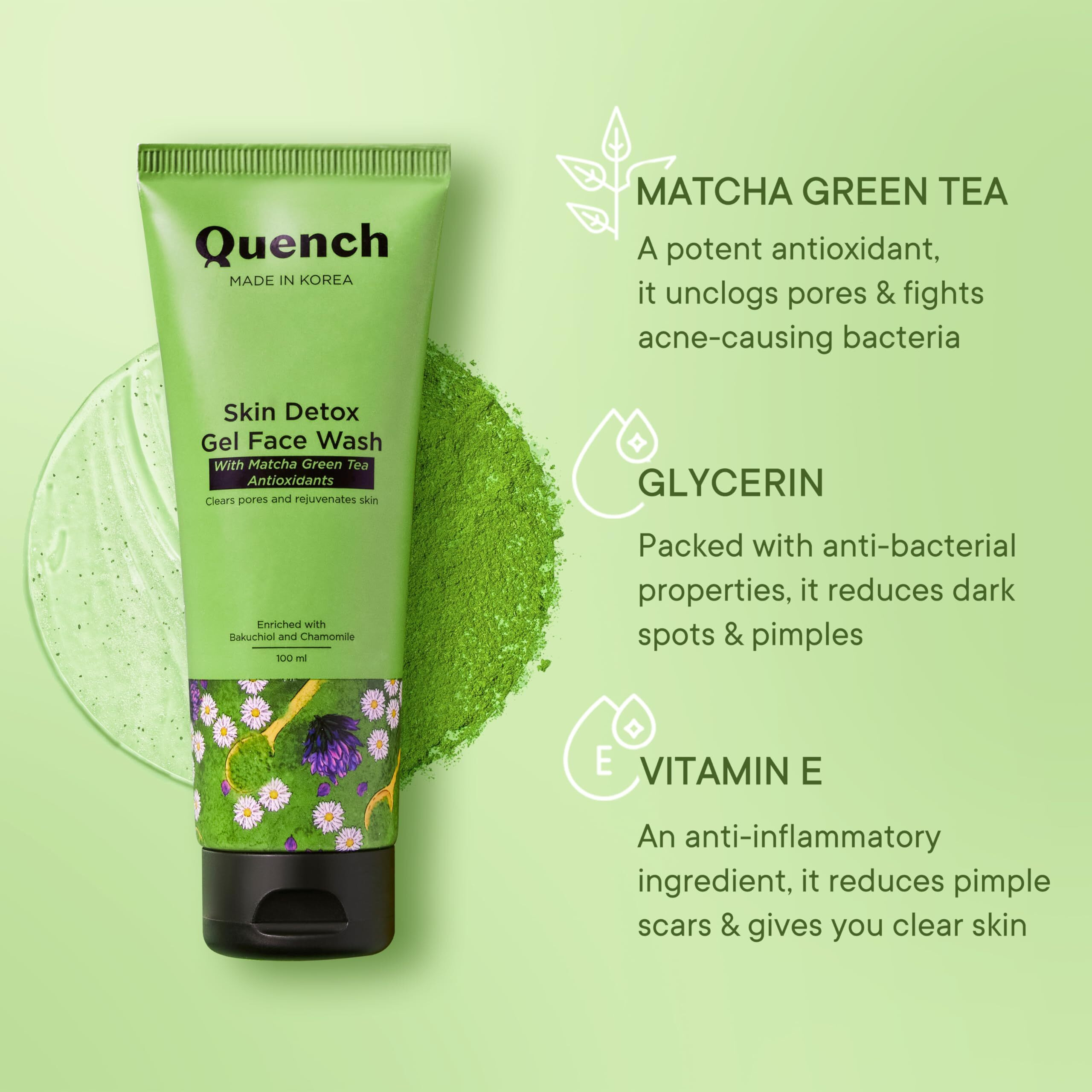 Quench Skin Detox Gel Face Wash With Matcha Green Tea Anti-Oxidants | Korean Face Wash For Oily & Acne-Prone Skin | Made In Korea (100Ml)