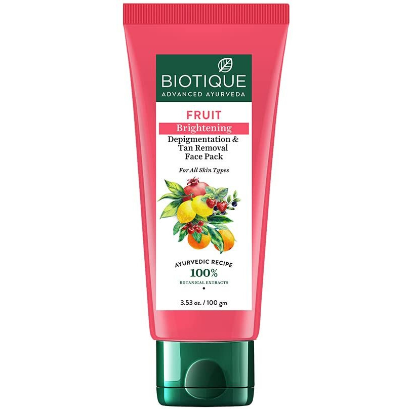 Biotique Fruit Brightening Depigmentation And Tan Removal Face Pack| Ayurvedic And Organically Pure| Tan Removal Face Pack For All Skin Types|100% Botanical Extracts| 100Gm