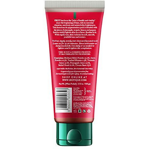 Biotique Fruit Brightening Depigmentation And Tan Removal Face Pack| Ayurvedic And Organically Pure| Tan Removal Face Pack For All Skin Types|100% Botanical Extracts| 100Gm