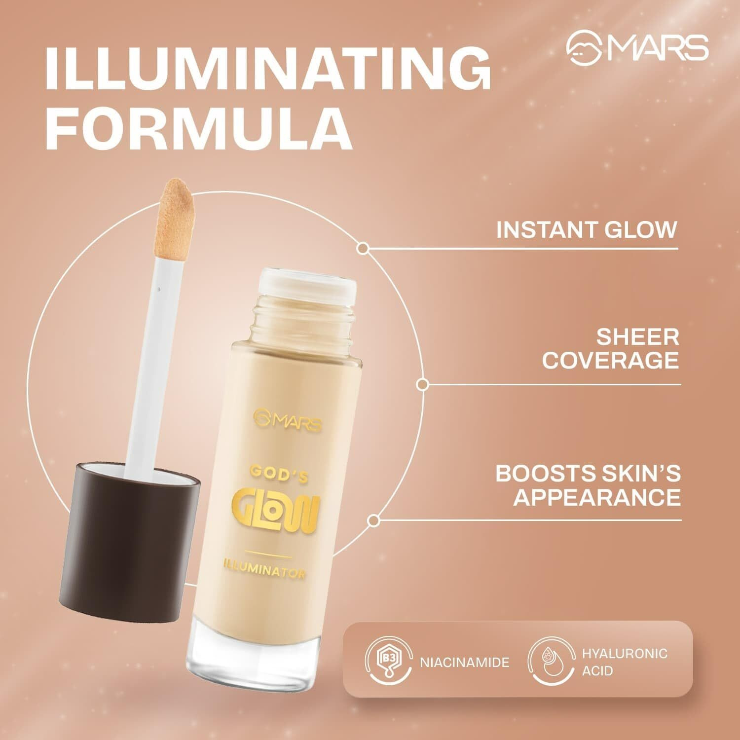 Mars God's Glow Illuminator Highlighter (30Ml) (07-Eclairs) | Hyluronic Acid, Green Tea & Rosemary Extract | Sheer Coverage | Light-Weight | Flawless Natural Look