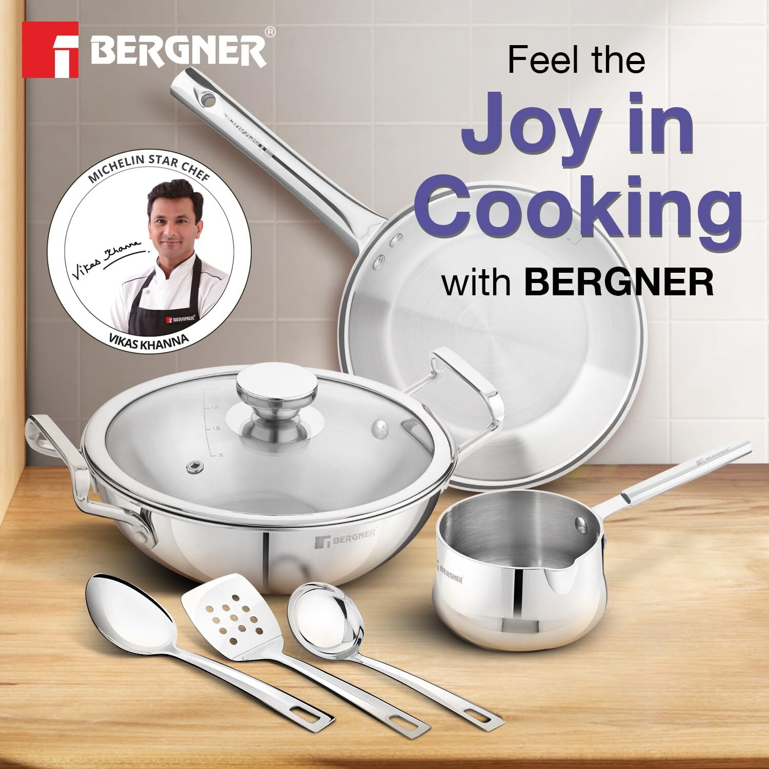 Bergner Tripro 7 Pcs Triply Stainless Steel Induction Bottom Cookware Set, 22Cm (2L) Kadai, 22Cm (1L) Frypan With Dome Shaped Common Glass Lid, 12Cm (0.9L) Coffee Warmer, Ladle, Serving Spoon, Turner