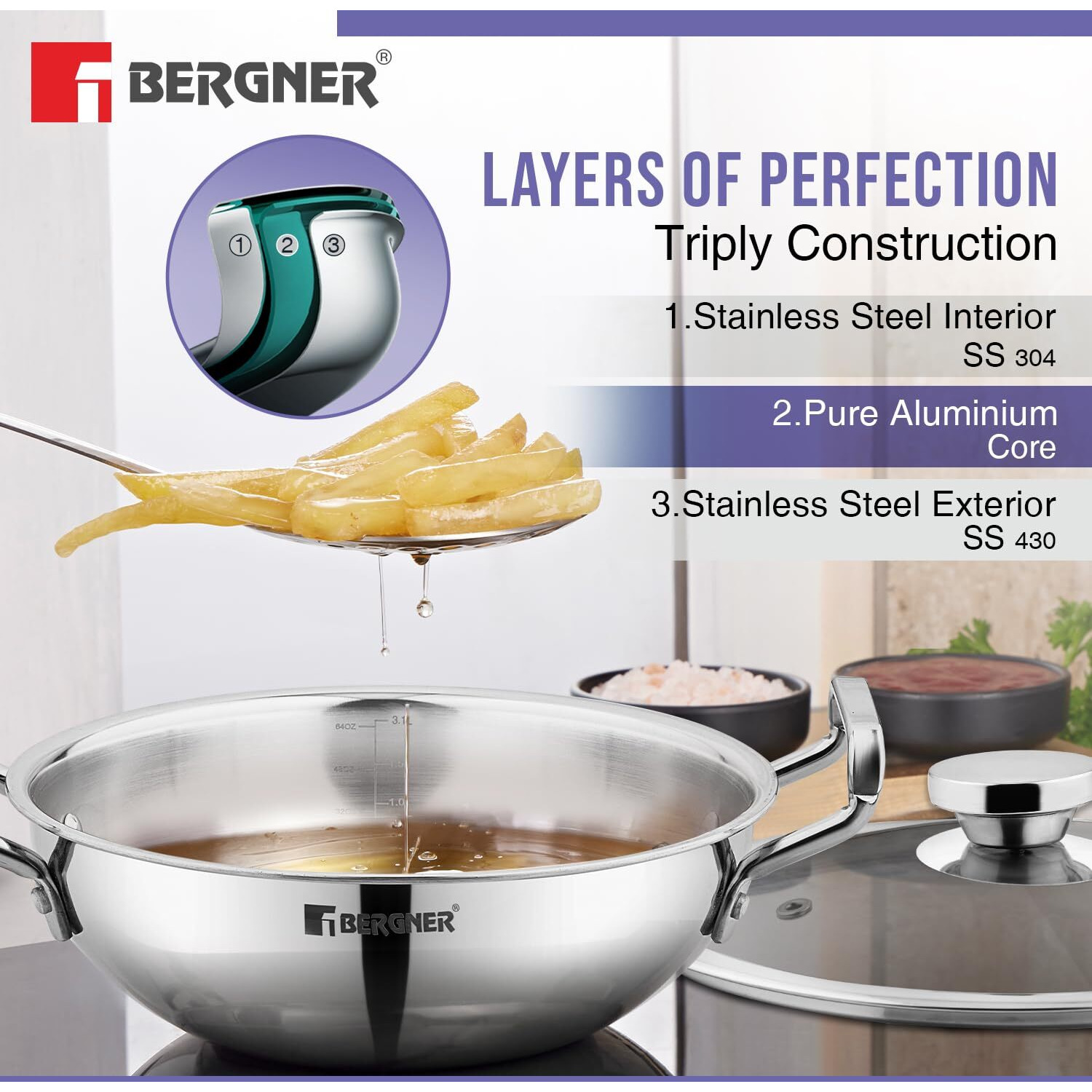 Bergner Tripro 7 Pcs Triply Stainless Steel Induction Bottom Cookware Set, 22Cm (2L) Kadai, 22Cm (1L) Frypan With Dome Shaped Common Glass Lid, 12Cm (0.9L) Coffee Warmer, Ladle, Serving Spoon, Turner