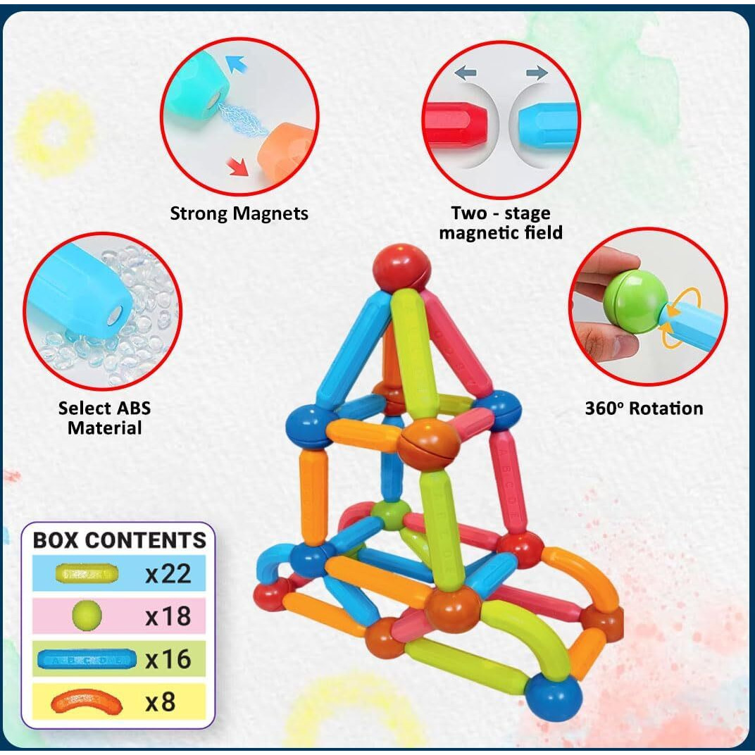Wembley Magnetic Stick Building Blocks Brain Games For Kids Toys For Girls 3 + Years 4 5 6 8 10 12 To 14 Old With Magnet Balls And Sticks Stem Learning Educational Magnetic Toys For Boys - 64 Pcs