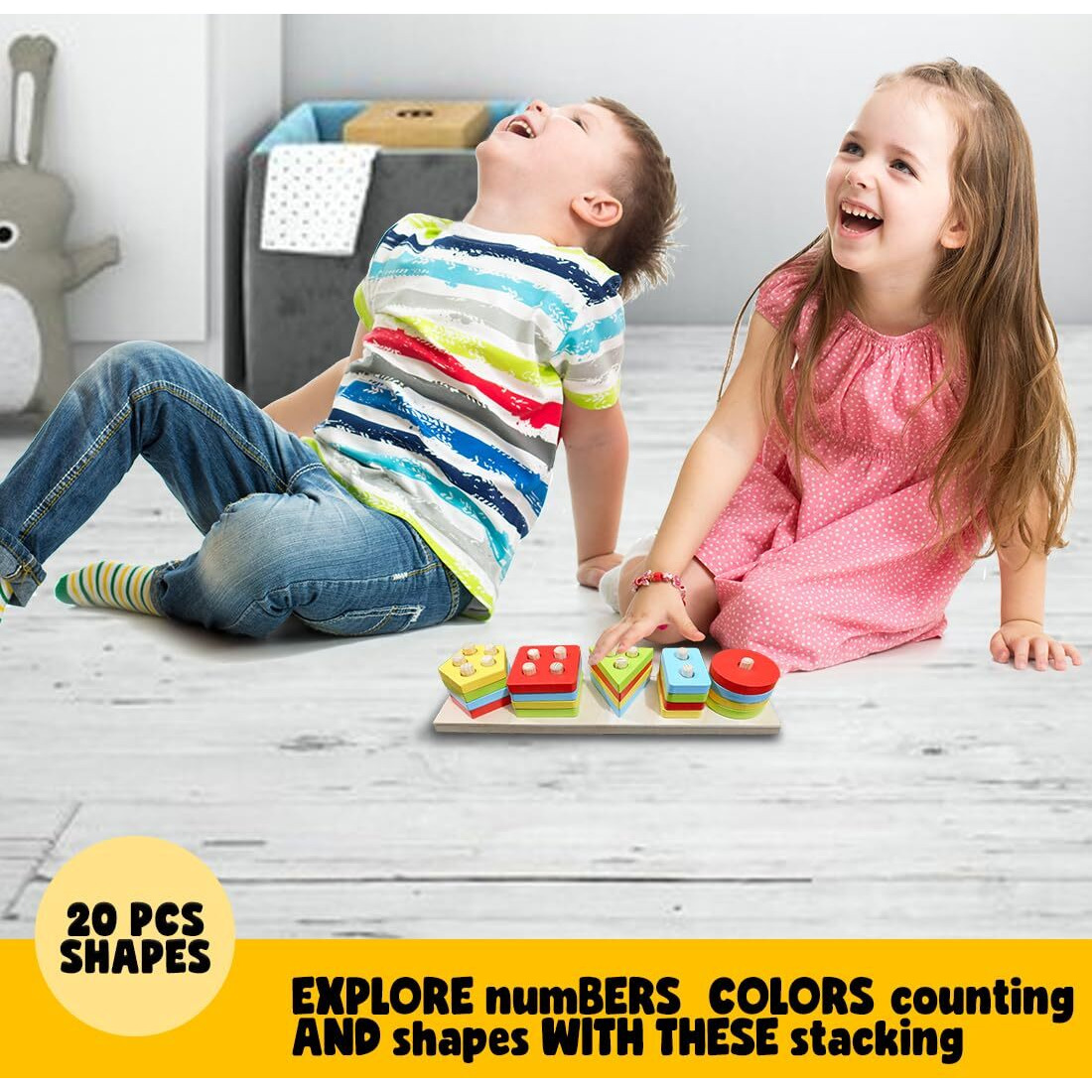 Wembley Kids Wooden Angle Geometric Blocks Stacker Shape Sorter Column Puzzle Stacking Set Educational Learning Toys For Toddlers 1-3 Years Old Boys And Girls