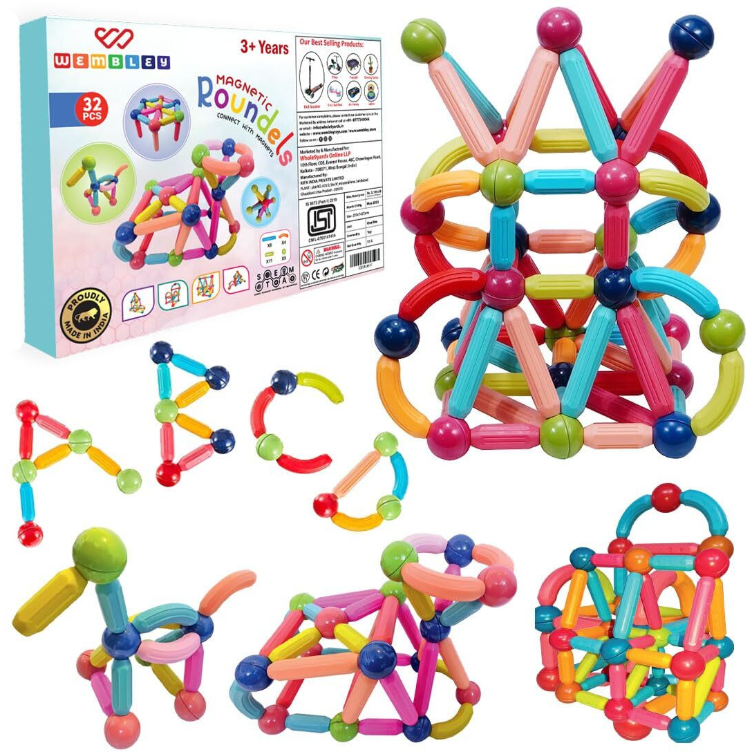 Wembley Magnetic Blocks For Kids Engaging Magnet Toys Building Sticks Stem Educational Construction & Creative Activity Mind Game Brain Development & Learning Gift For Boys & Girls 3+ Years -32 Pieces