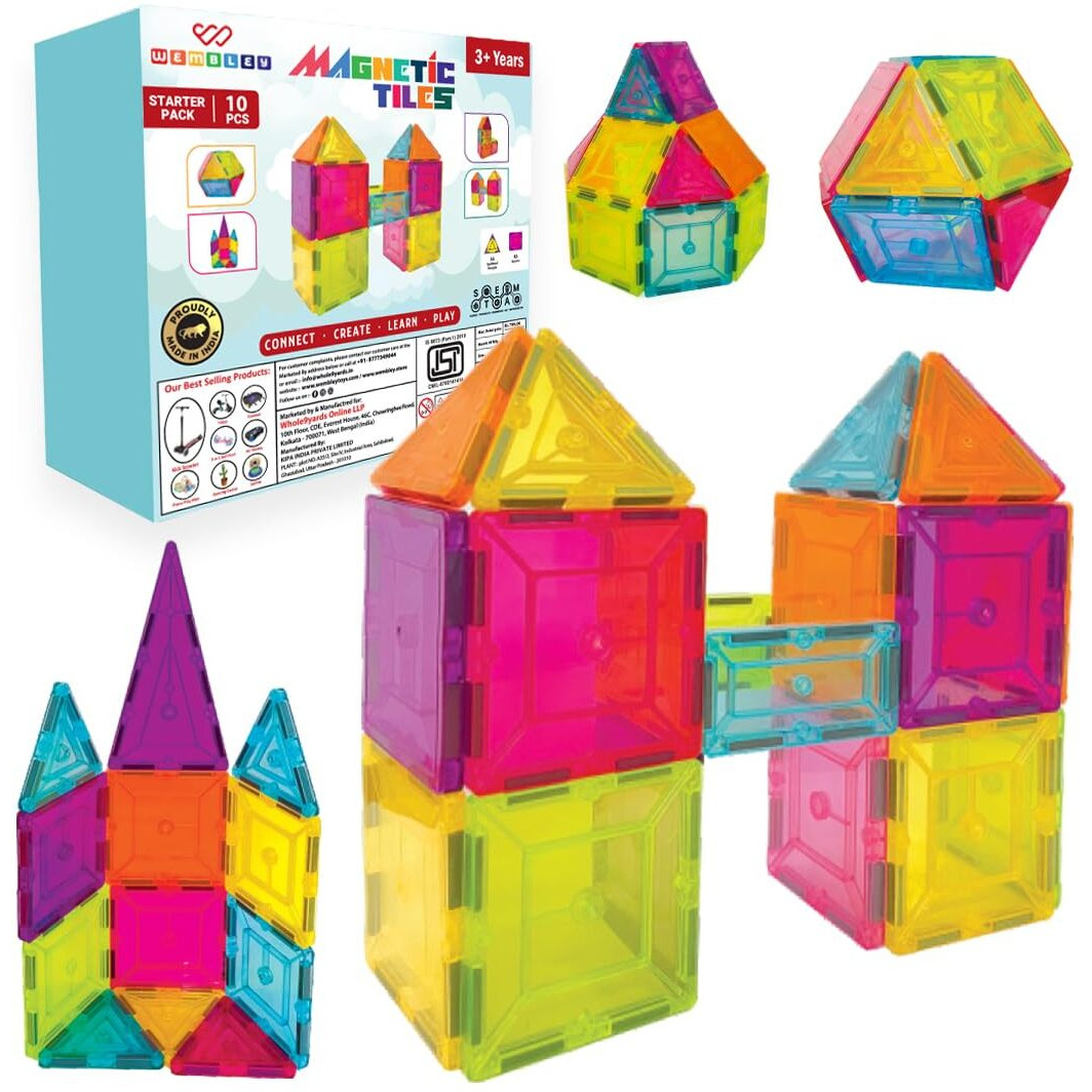 Wembley Magnetic Tiles For Kids Toys For 3 + Year Old Boy | Magnetic Blocks For Kids Toys For 2-5 Years | Stem Learning Educational Magnet Building Blocks Brain Toys For Kids - 10 Pcs