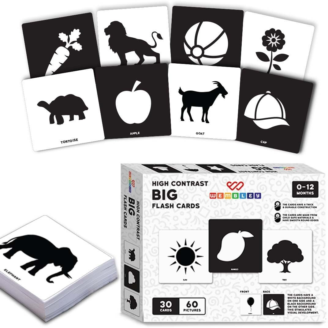 Wembley Large Flash Cards For Babies & Infants Educational Learning High Contrast Newborn Visual Stimulation Sensory Montessori Toys For 0 To 12 Months  30 Double Sided Cards 60 Pictures