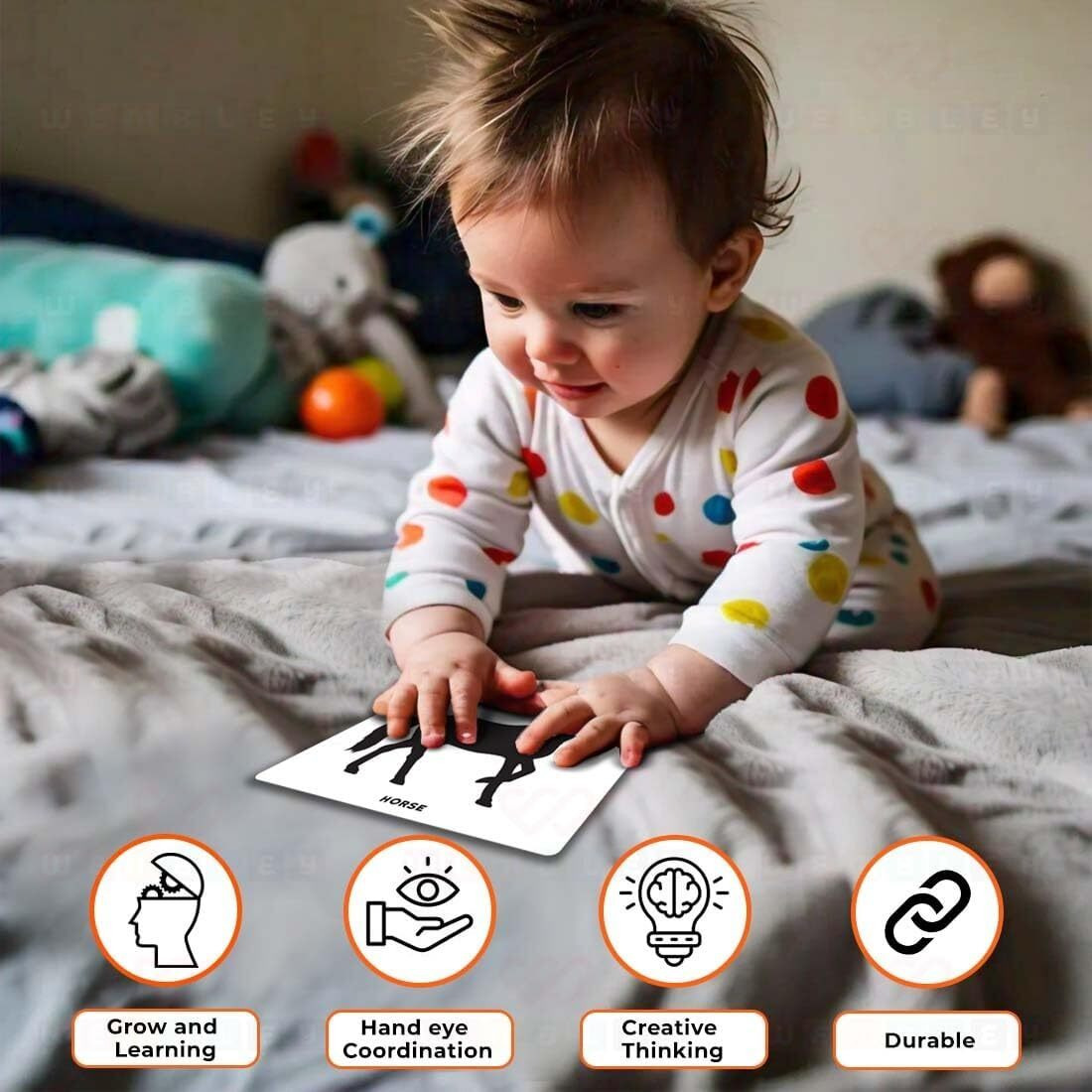 Wembley Large Flash Cards For Babies & Infants Educational Learning High Contrast Newborn Visual Stimulation Sensory Montessori Toys For 0 To 12 Months  30 Double Sided Cards 60 Pictures