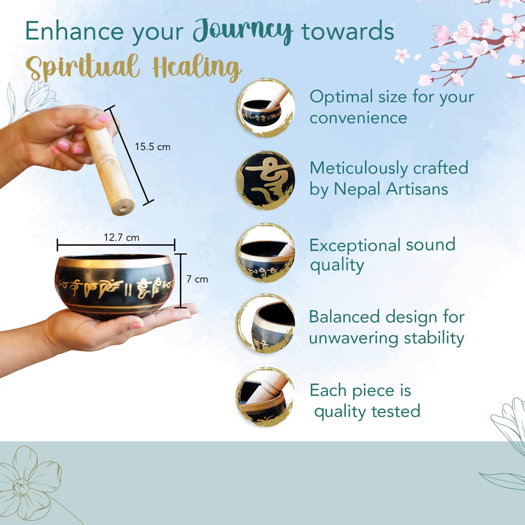 Ekhasa 100% Pure Bronze Handmade Tibetan Meditation Singing Bowl (5 Inch) | Authentic Sound Bowl Meditation Set For Deep Om Sound | Tibetan Sound Healing Bowls Are Perfect Spiritual, Yoga Gifts