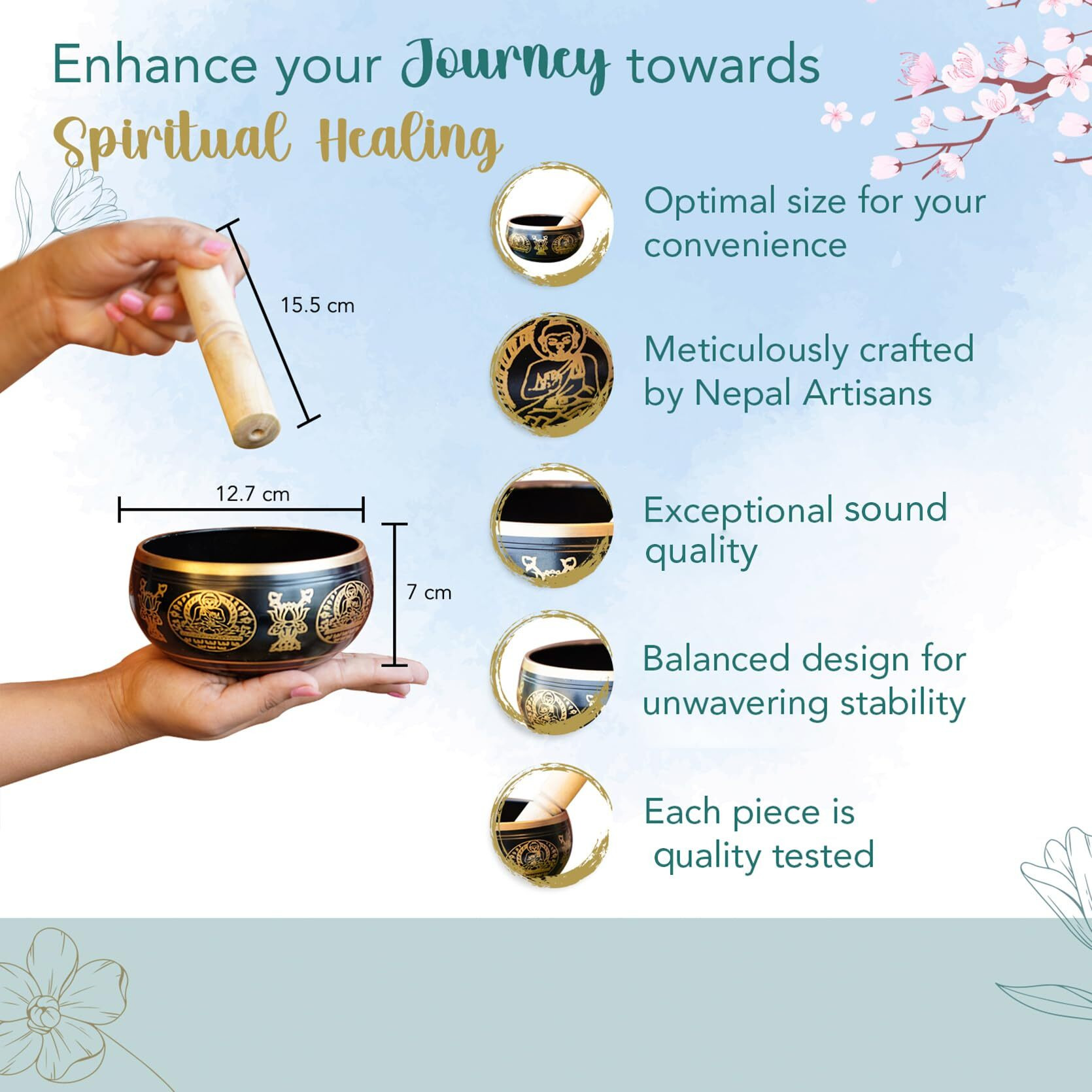 Ekhasa 100% Pure Bronze Handmade Tibetan Meditation Singing Bowl (5 Inch) | Authentic Sound Bowl Meditation Set For Deep Om Sound | Tibetan Sound Healing Bowls Are Perfect Spiritual, Yoga Gifts