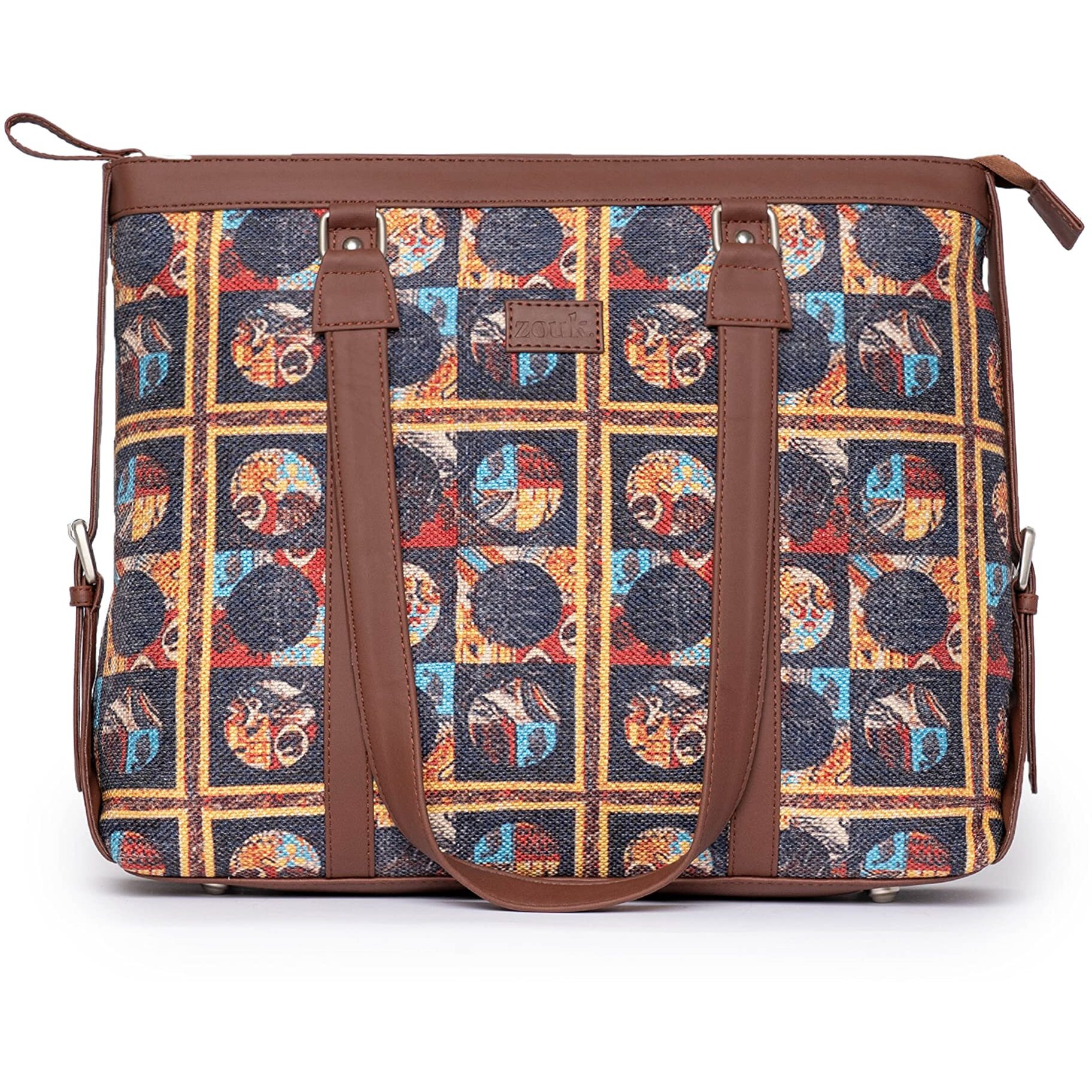 Zouk Black Printed Handmade Vegan Leather Women's Office Bag For 15.6 Inch Laptop And Iphone With Double Handles - African Art