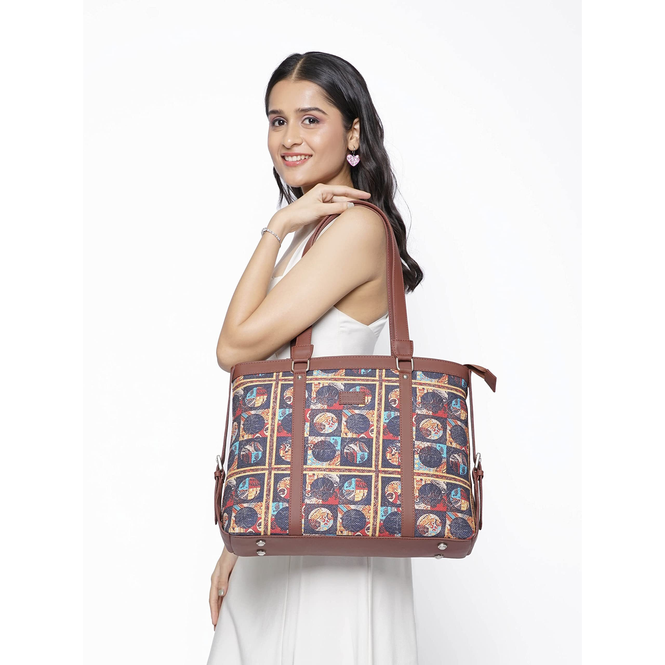 Zouk Black Printed Handmade Vegan Leather Women's Office Bag For 15.6 Inch Laptop And Iphone With Double Handles - African Art