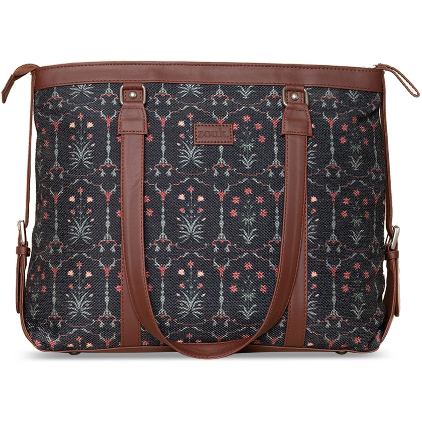 Zouk Dark Blue Floral Printed Handmade Vegan Leather Women's Office Bag For 15.6 Inch Laptop With Double Handles
