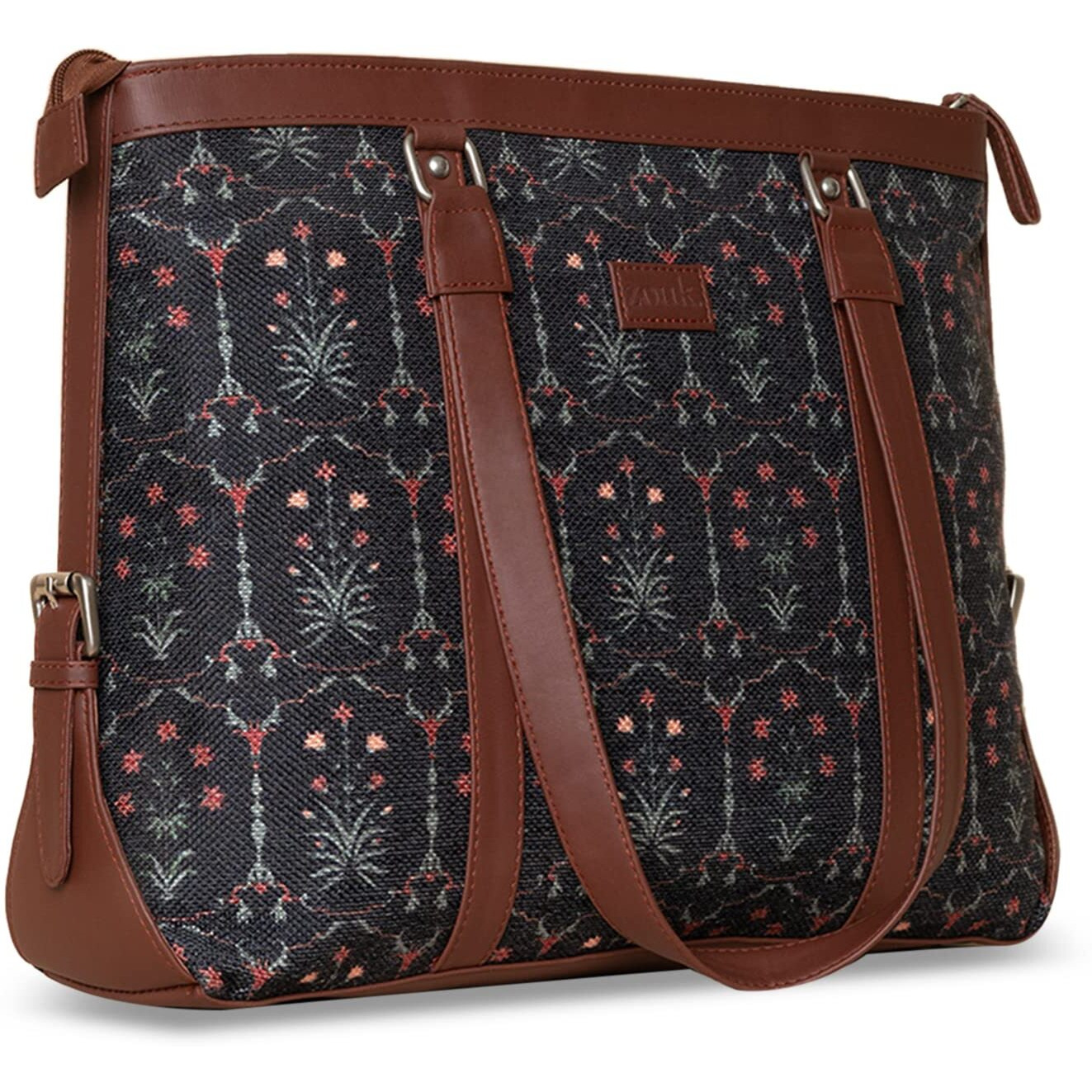 Zouk Dark Blue Floral Printed Handmade Vegan Leather Women's Office Bag For 15.6 Inch Laptop With Double Handles