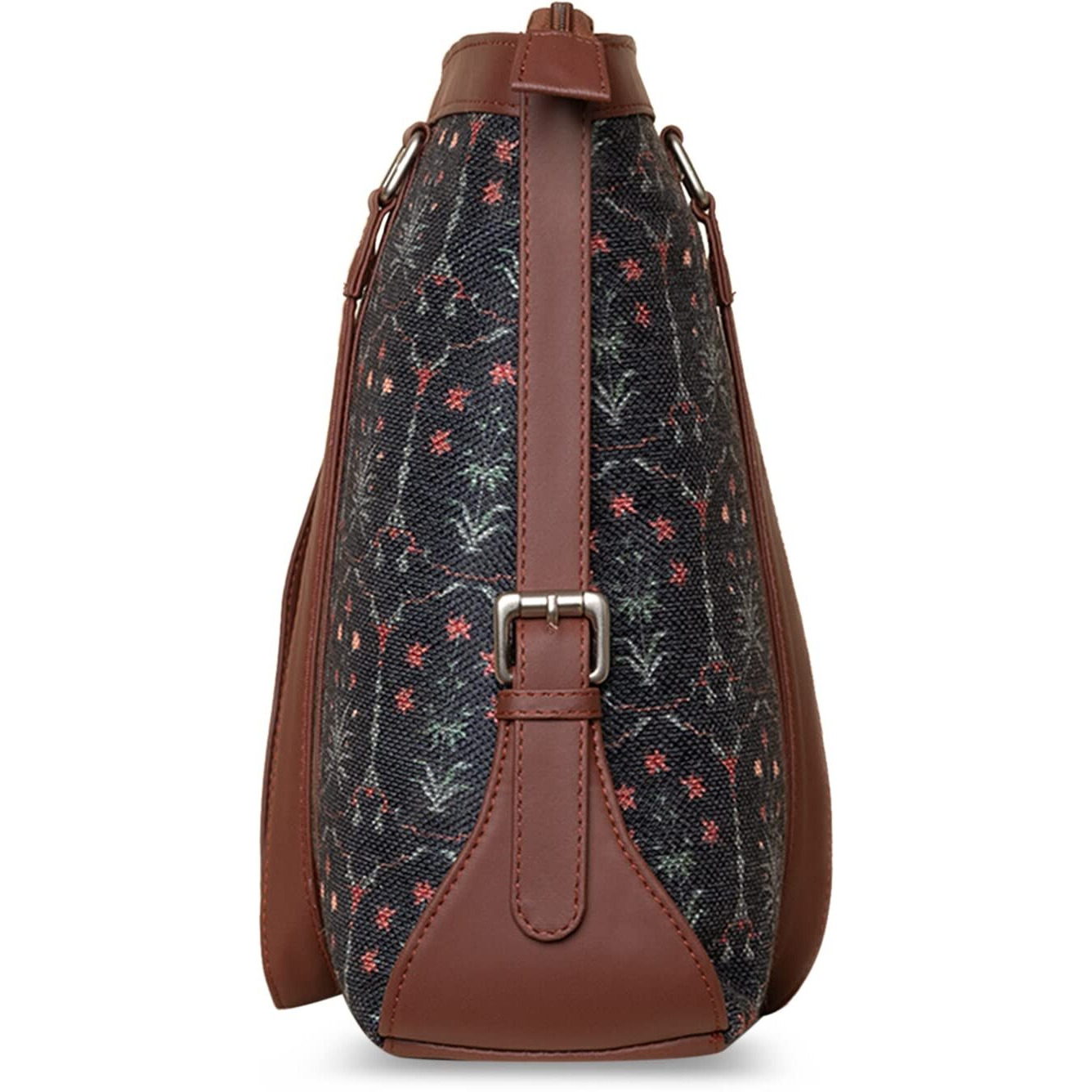Zouk Dark Blue Floral Printed Handmade Vegan Leather Women's Office Bag For 15.6 Inch Laptop With Double Handles
