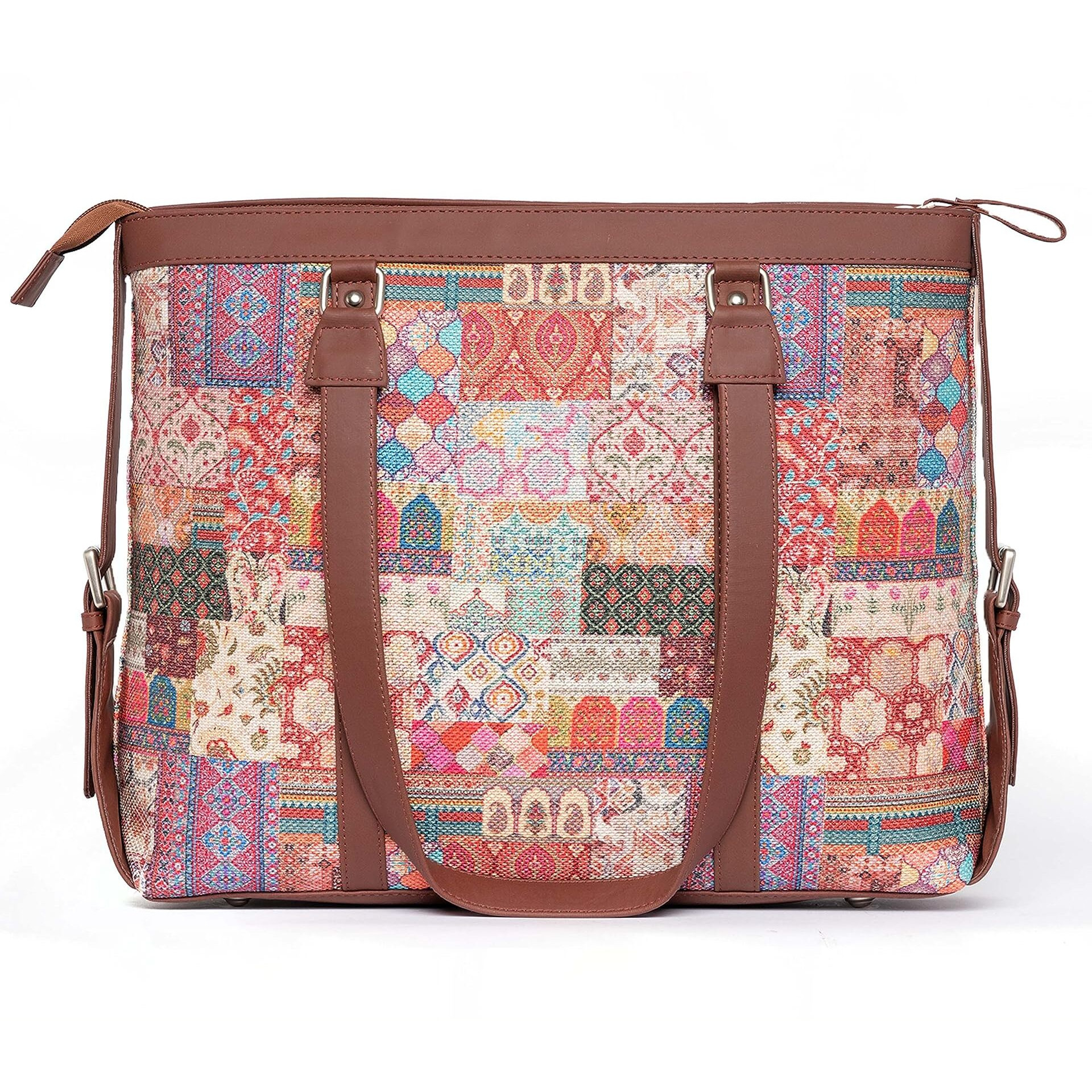 Zouk Multicolor Abstract Printed Handmade Vegan Leather Women's Office Bag For 15.6 Inch Laptop With Double Handles