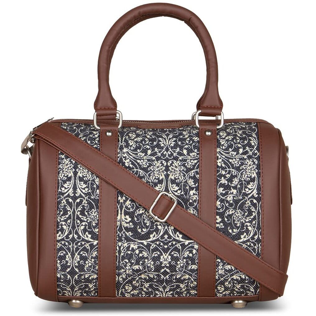 Zouk Navy Blue Graphic Printed Vegan Leather Handmade Women's Handbags With Double Handles And Detachable Sling Strap - Lattice Lace